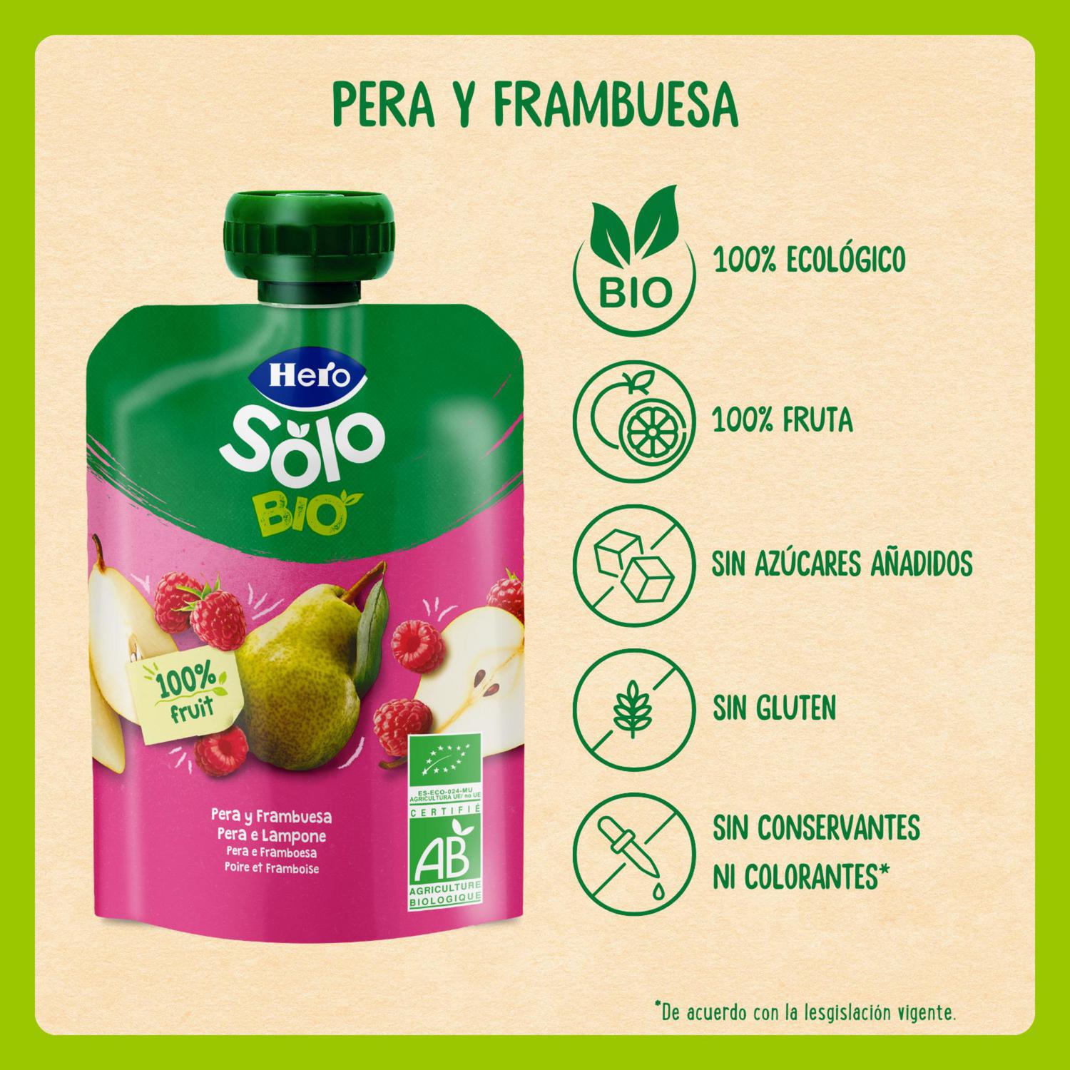 Bolsita de pera y frambuesa desde 4 meses ecológico Hero Solo sin gluten y sin azúcar añadido 100 g.