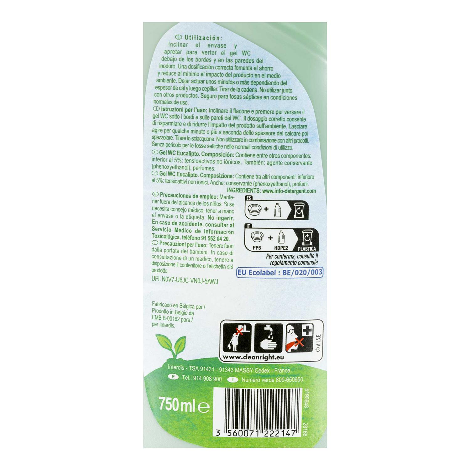 Gel WC ecualipto ecológico Carrefour Eco Planet 750 ml.