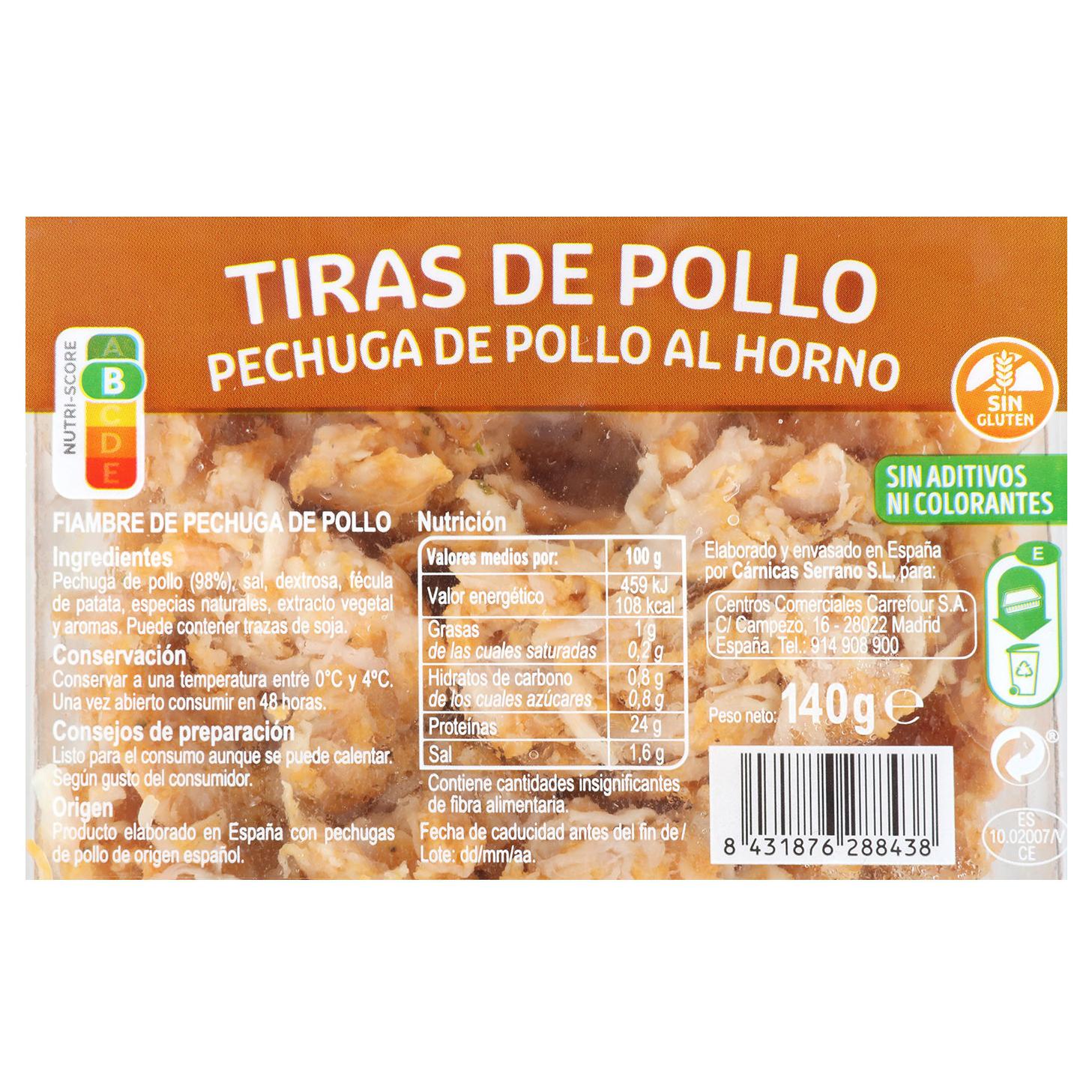 Pechuga de pollo al horno en tiras Carrefour sin gluten 140 g.