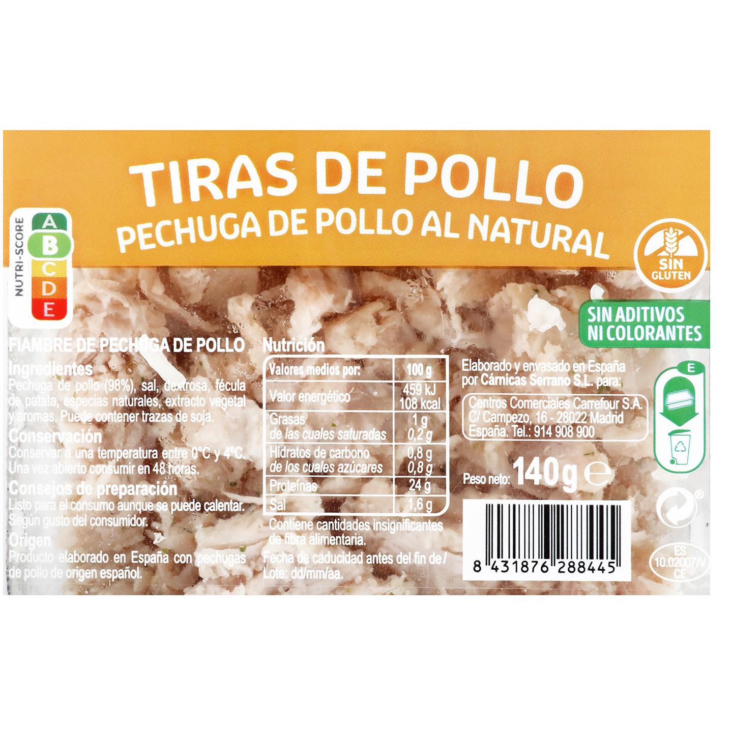 Pechuga de pollo al natural en tiras Carrefour sin gluten 140 g.