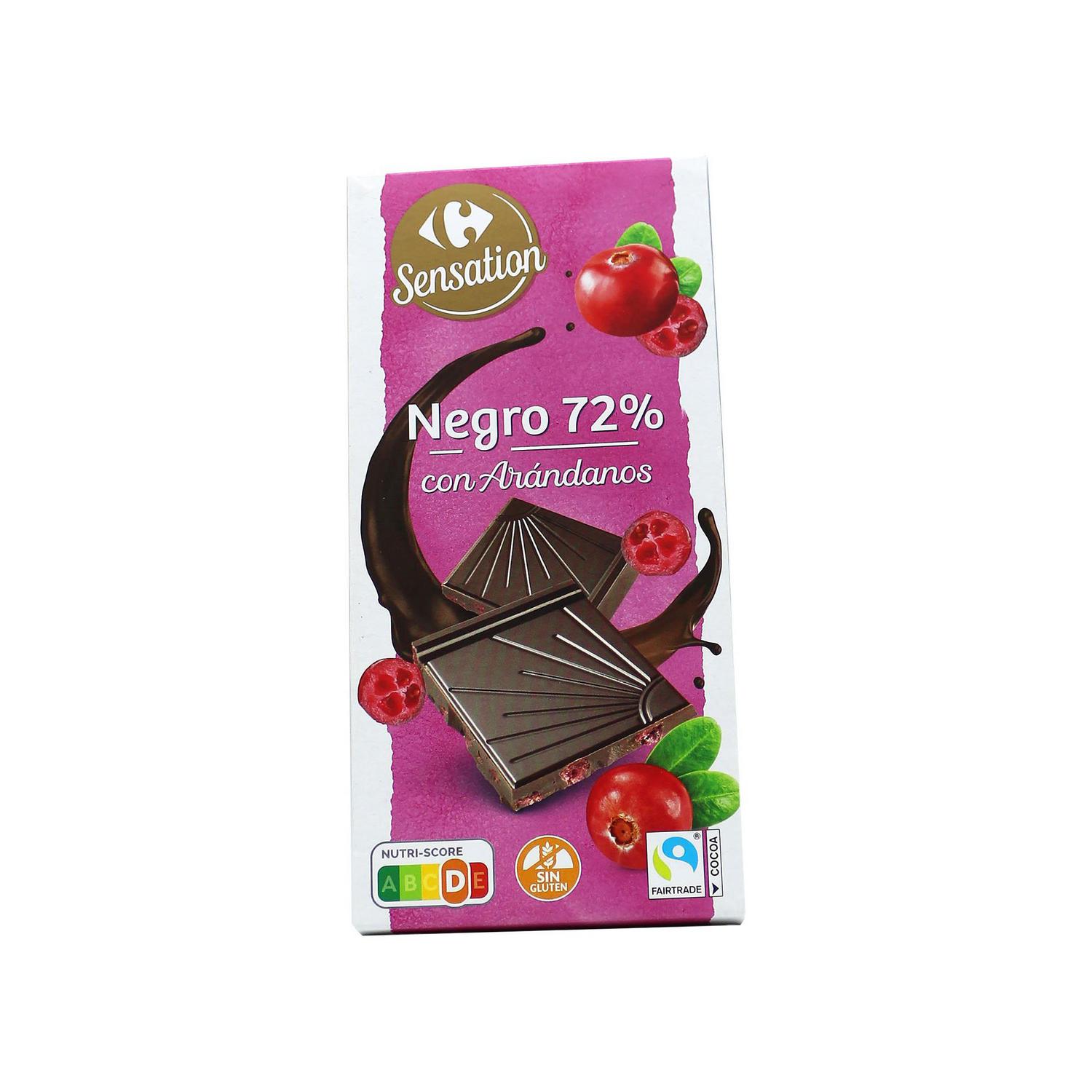 Chocolate negro 72% con arándanos Carrefour Sensation sin gluten 100 g.