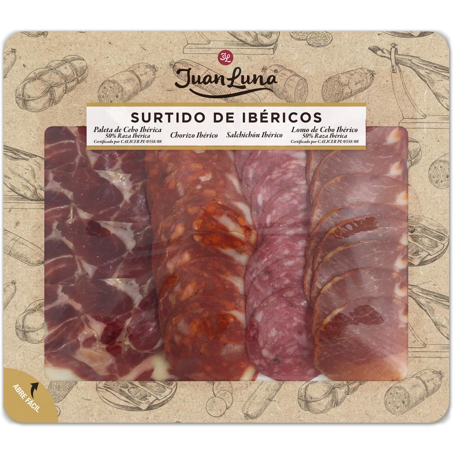 Surtido de ibéricos: paleta y lomo de cebo ibérica 50 % raza ibérica, chorizo y salchichón ibérico Juan Luna 120 g.