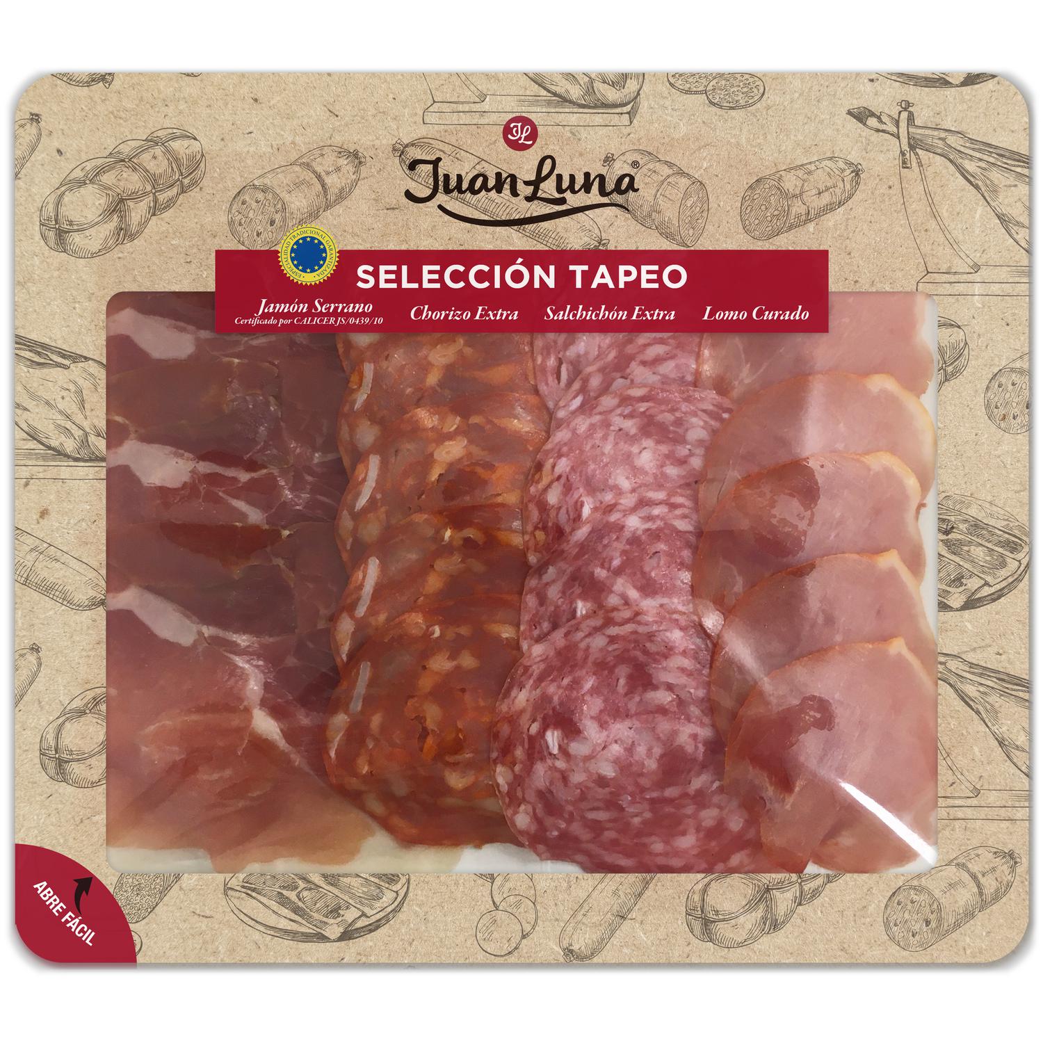 Surtido de embutidos: jamón serrano, chorizo extra, salchichón extra y lomo curado Juan Luna 120 g.