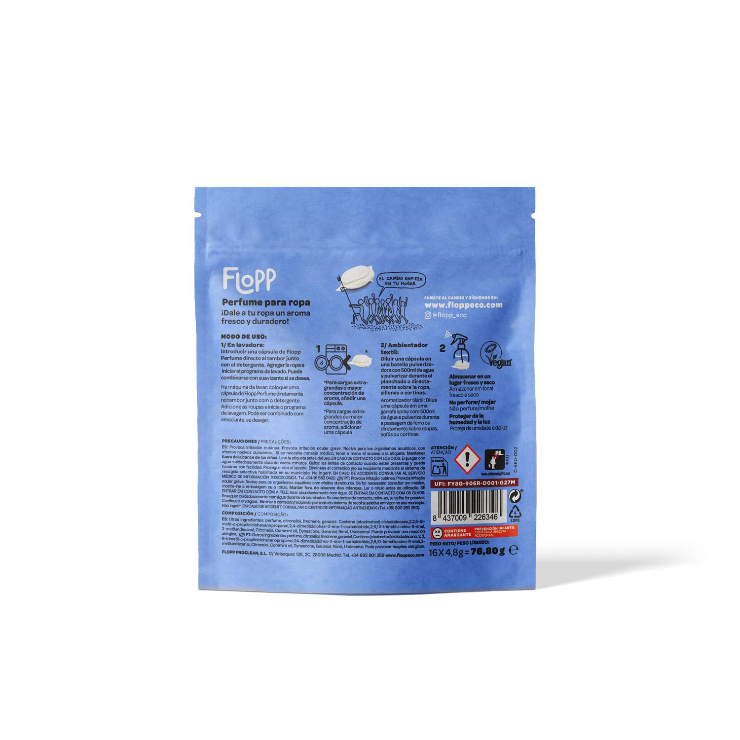 Perfumador concentrado en cápsulas para la ropa con aceites esenciales Flopp 16 ud.