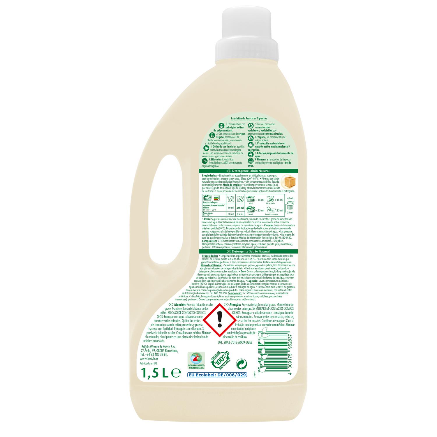 Detergente líquido jabón natural ecológico Frosch 30 lavados.