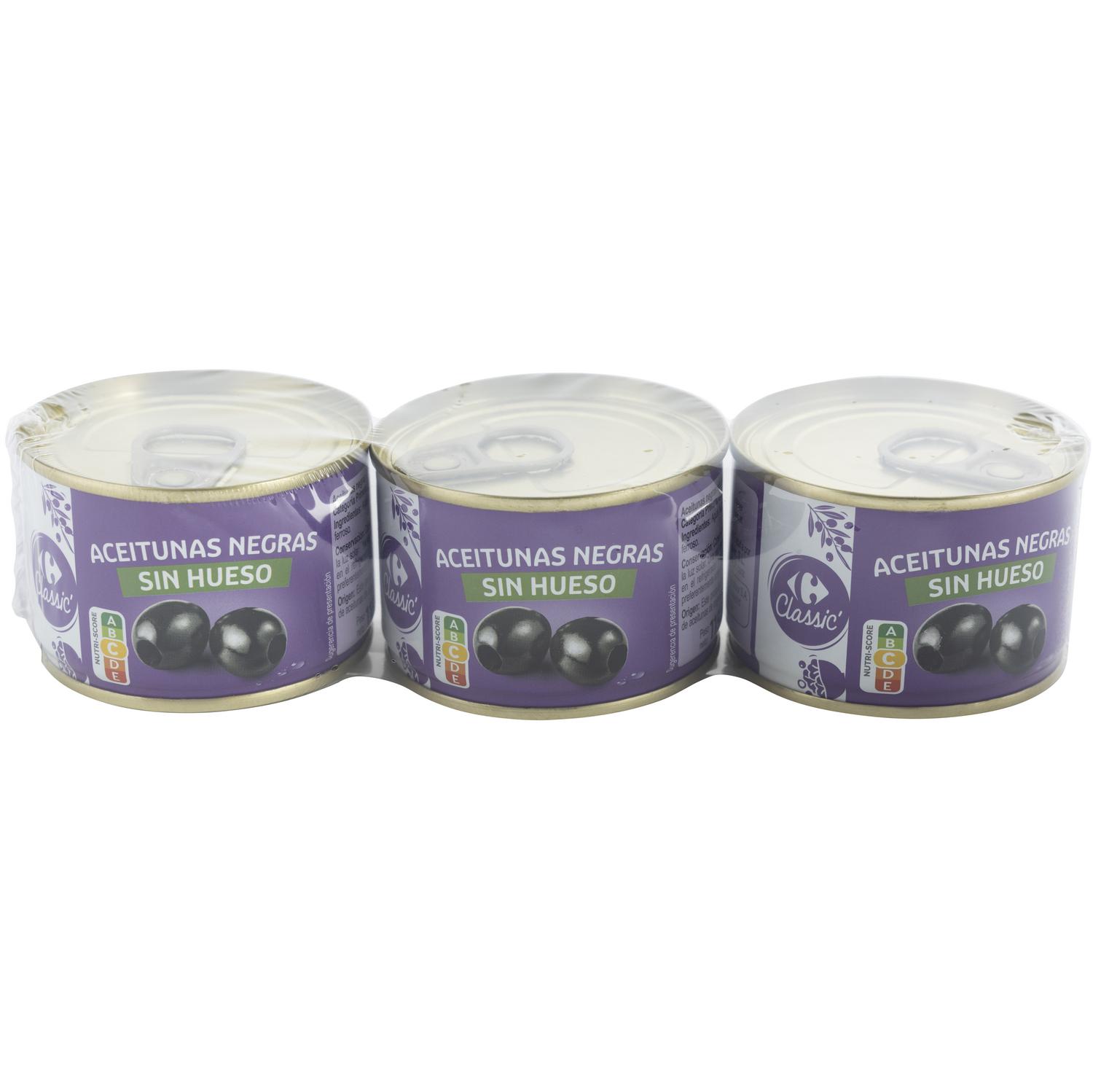 Aceitunas negras sin hueso Classic Carrefour pack de 3 latas de 50 g.