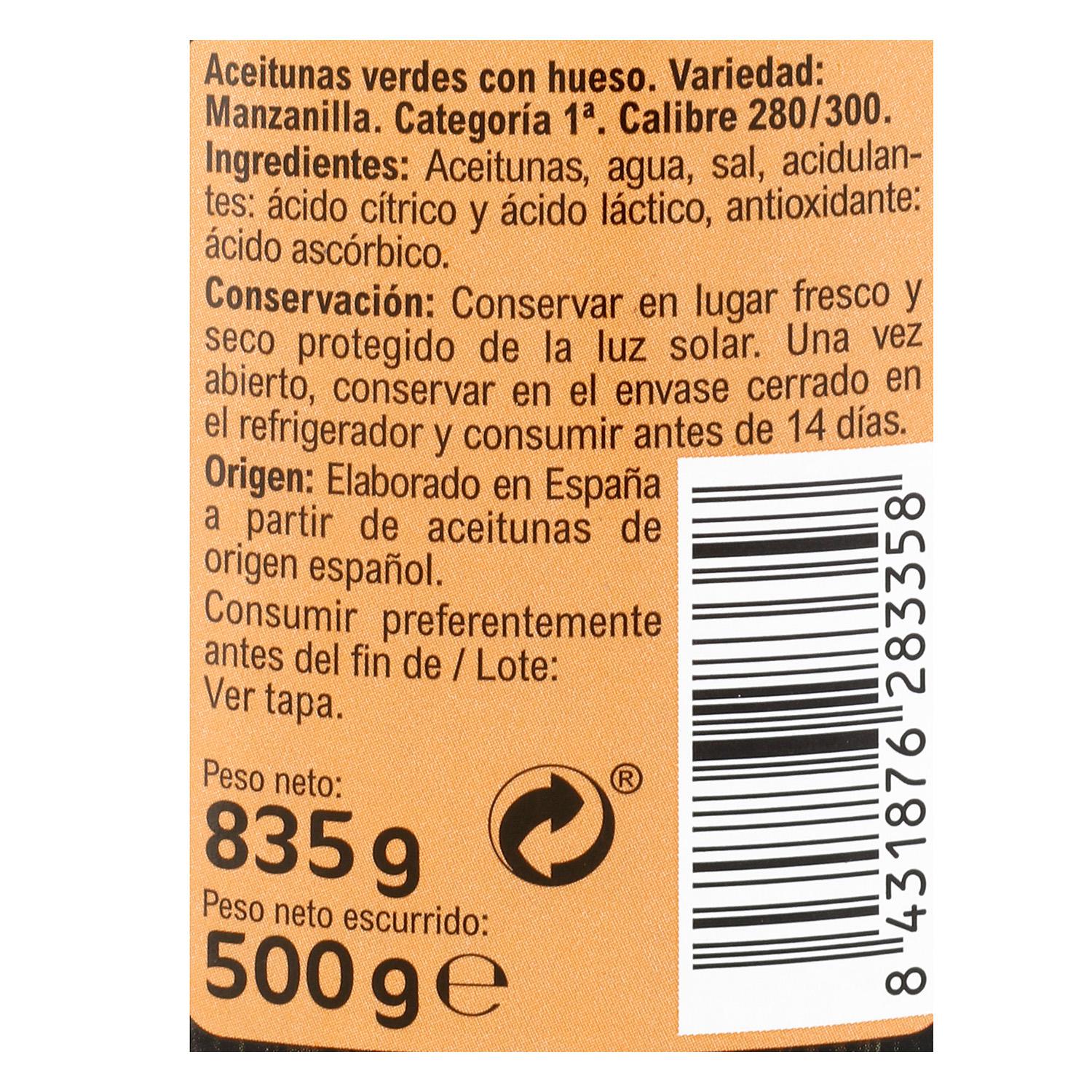 Aceitunas verdes manzanilla con hueso Carrefour 500 g.