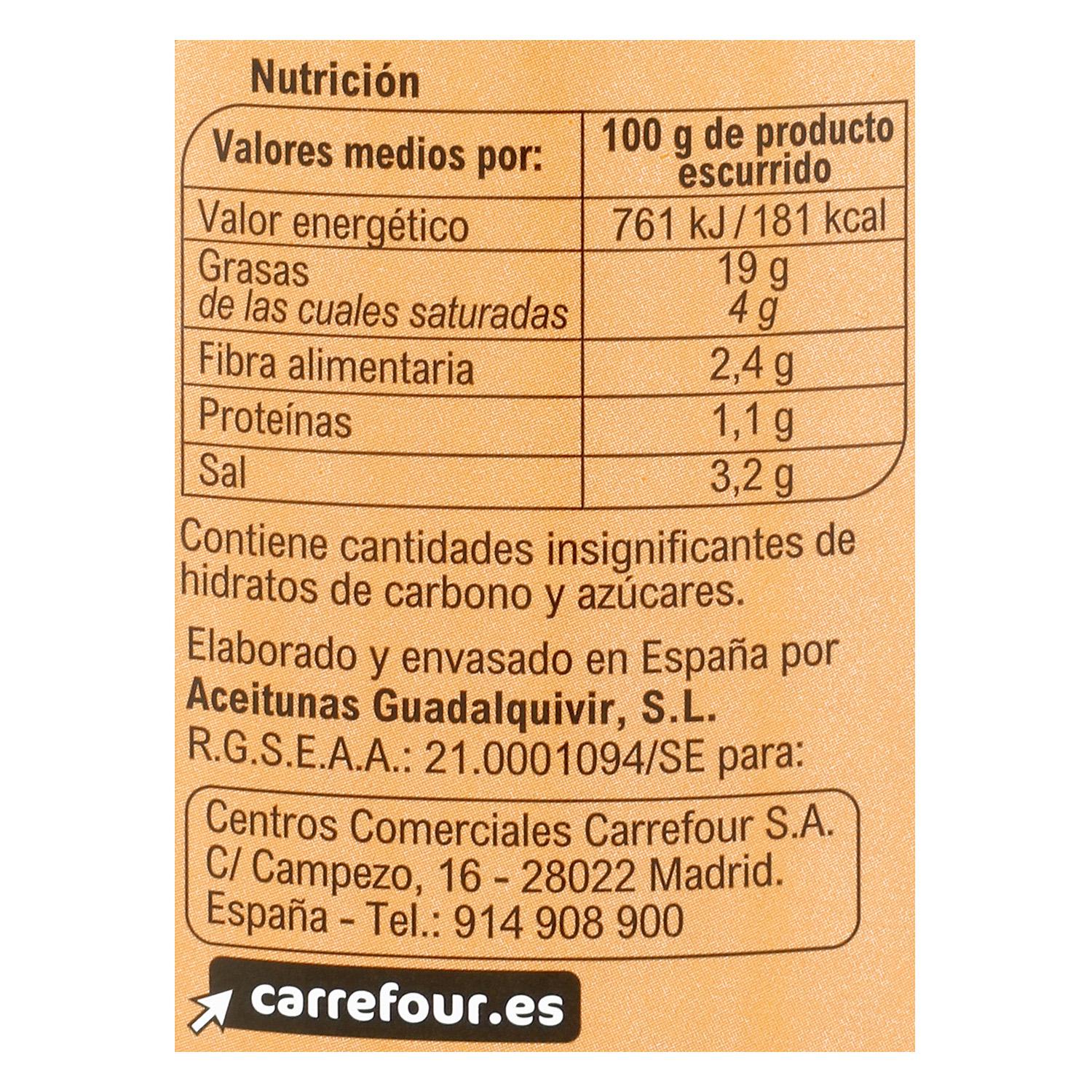 Aceitunas verdes manzanilla con hueso Carrefour 500 g.