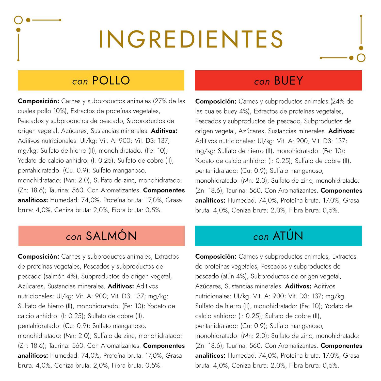 Comida húmeda de buey, pollo, atún y salmón para gato adulto Purina Gourmet Gold Tartelette 24x85 g.