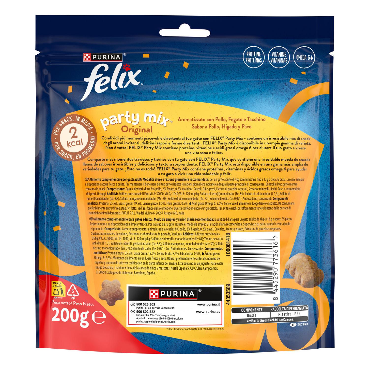 Snack pollo, hígado y pavo para gato Purina Felix Party Mix Original 200 g