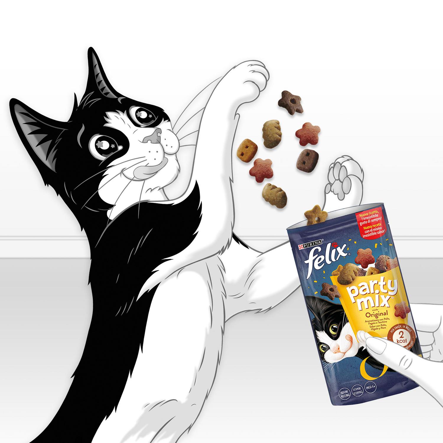 Snack pollo, hígado y pavo para gato Purina Felix Party Mix Original 200 g