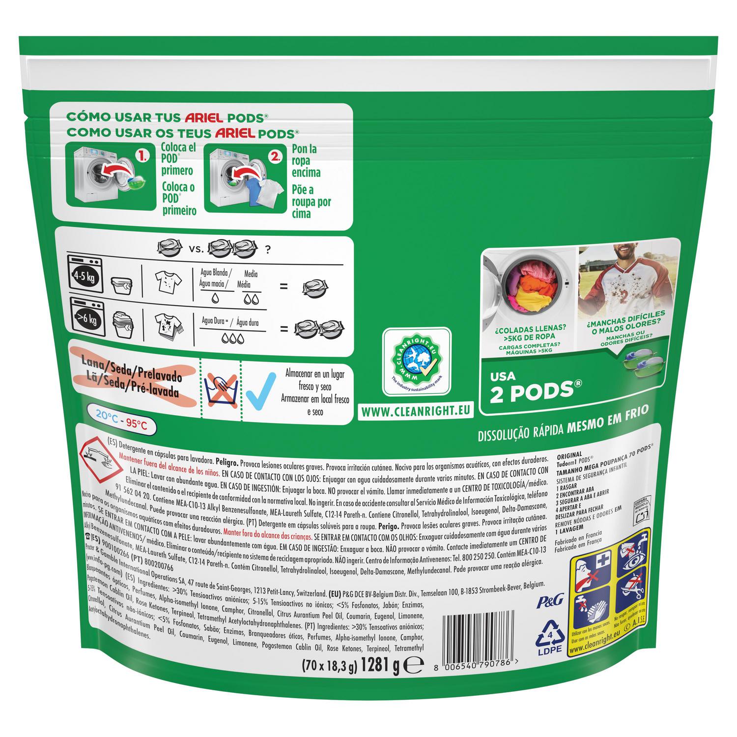 Detergente en capsulas original Ariel 70 lavados.