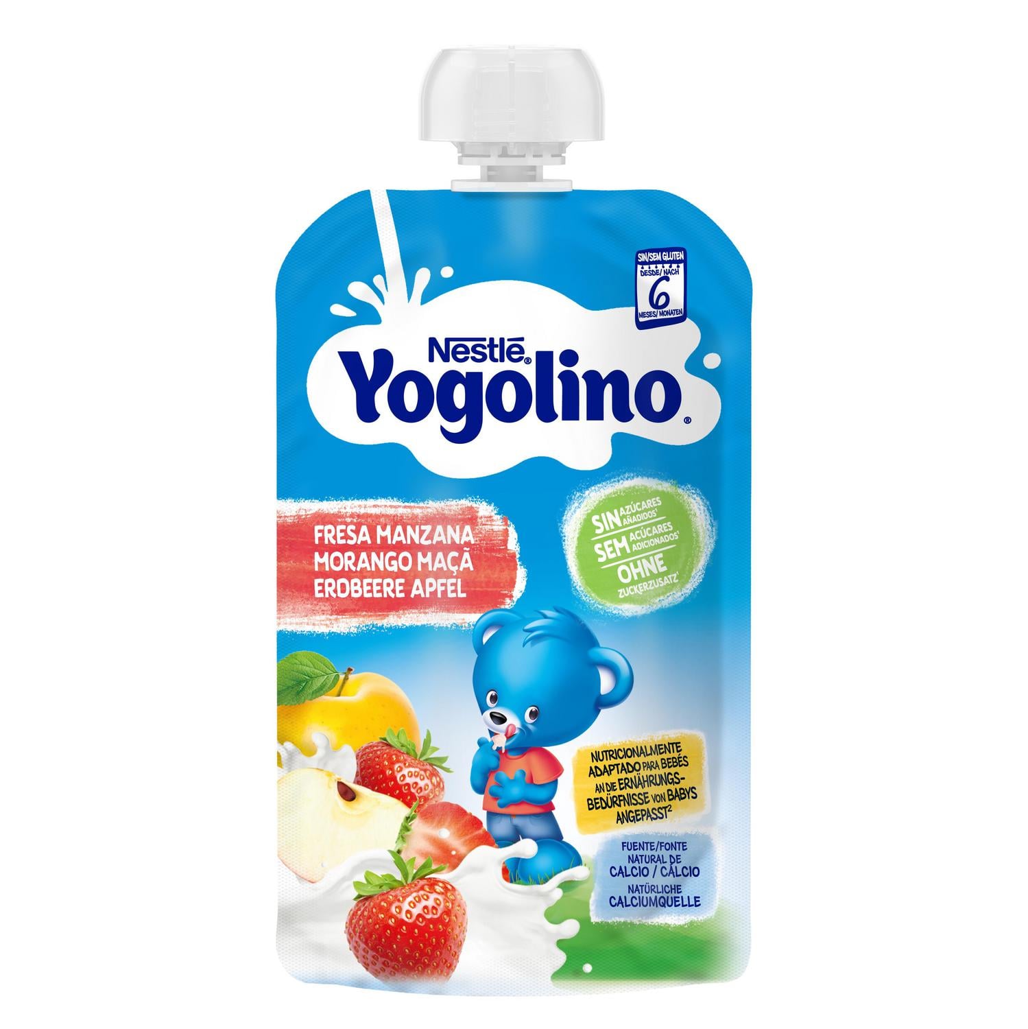 Bolsita de fresa y manzana desde 6 meses Nestlé Yogolino sin gluten y sin azúcar añadido 100 g.