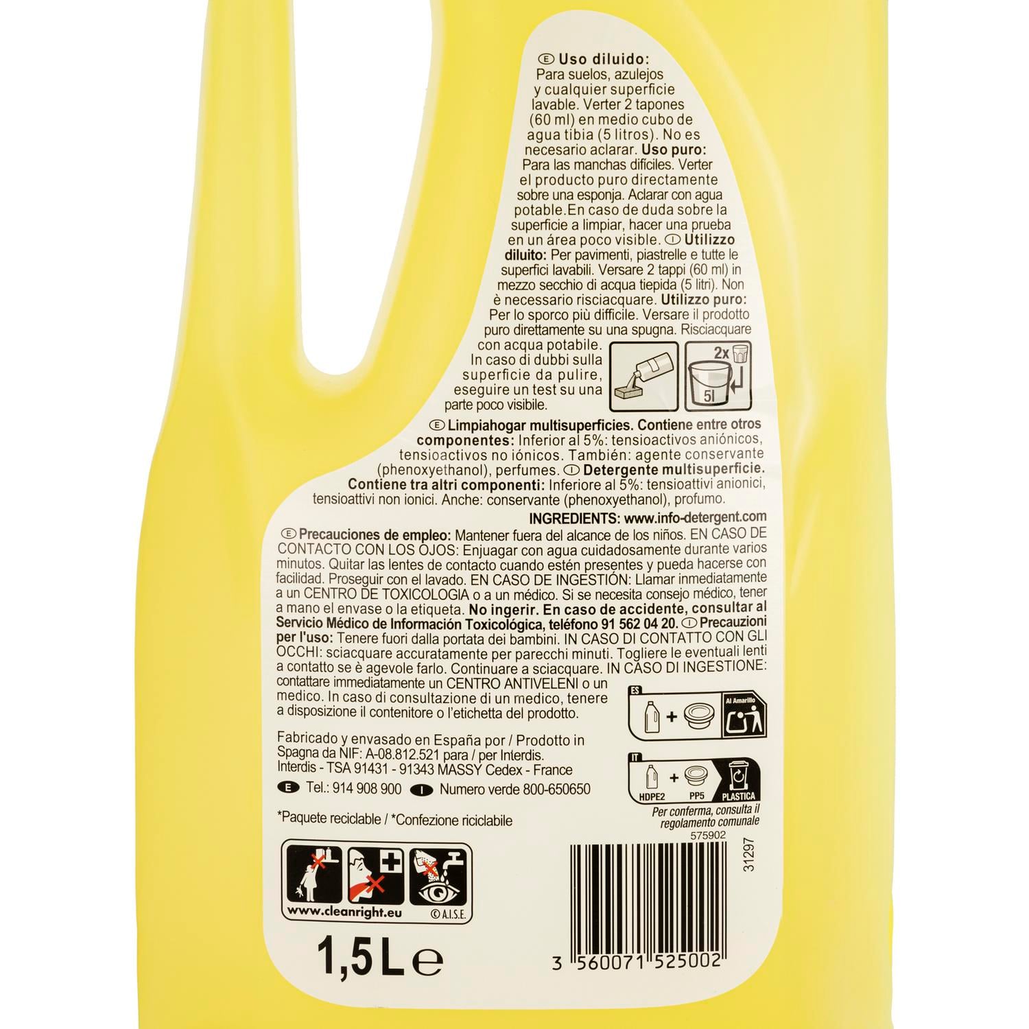 Limpiador multisuperficies limón Carrefour Essential 1,5 l.