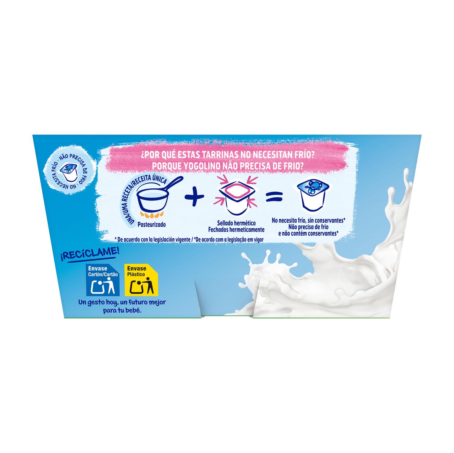 Postre lácteo natural desde 6 meses Nestlé Yogolino sin gluten y sin azúcar añadido pack de 4 unidades de 100 g.