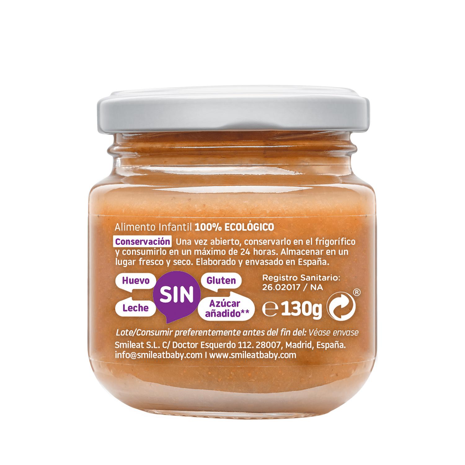 Tarrito de pera, ciruela y plátano desde 4 meses ecológico Smileat sin gluten 130 g.