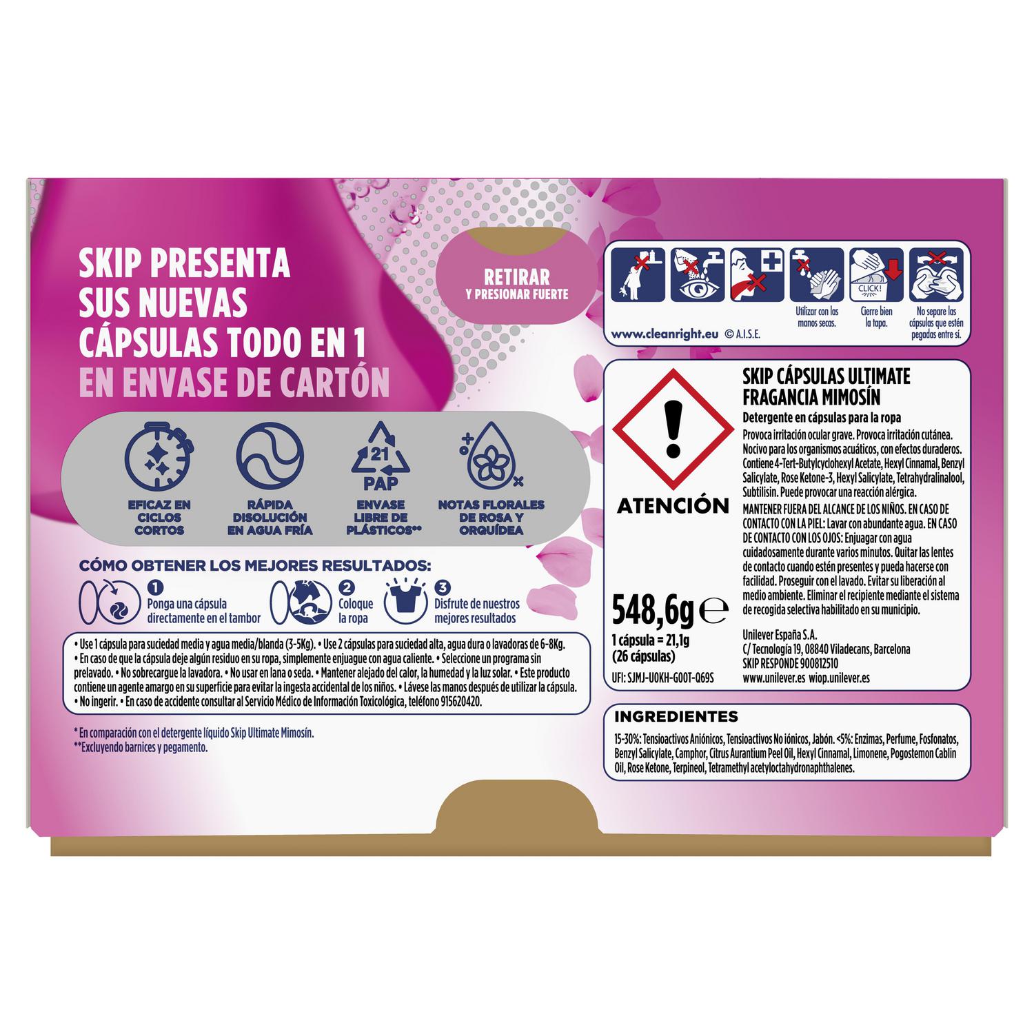 Detergente con fragancia mimosín Ultimate Skip 26 lavados.