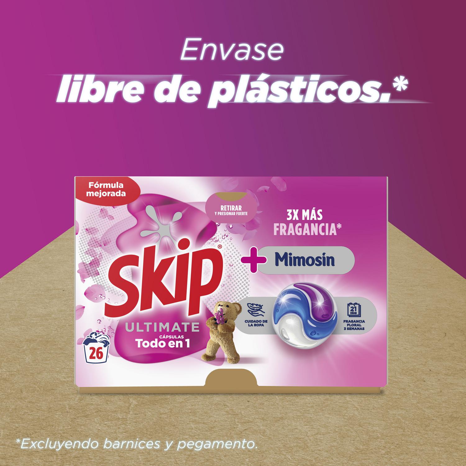 Detergente con fragancia mimosín Ultimate Skip 26 lavados.