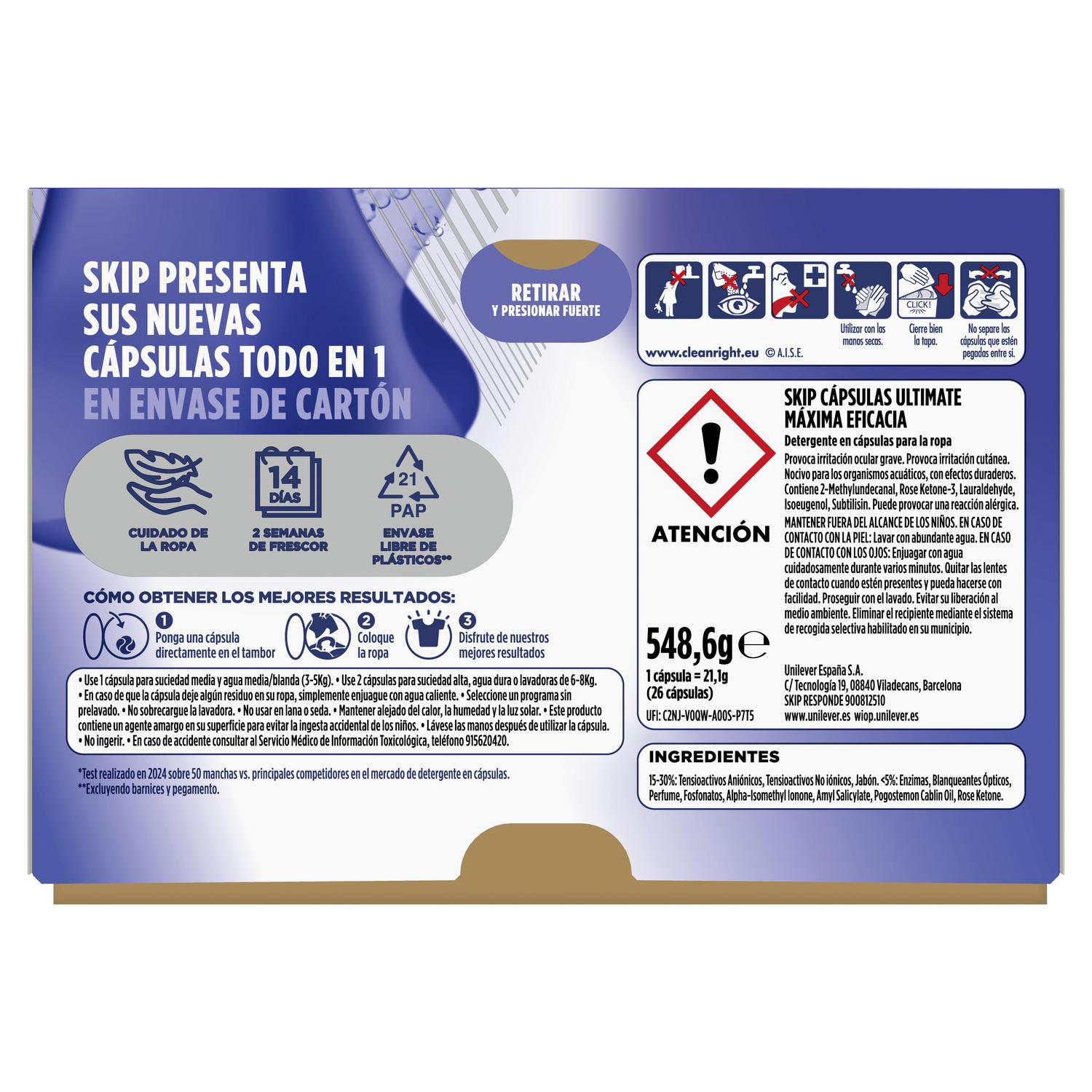 Detergente Máxima Eficacia Skip Ultimate 26 lavados.