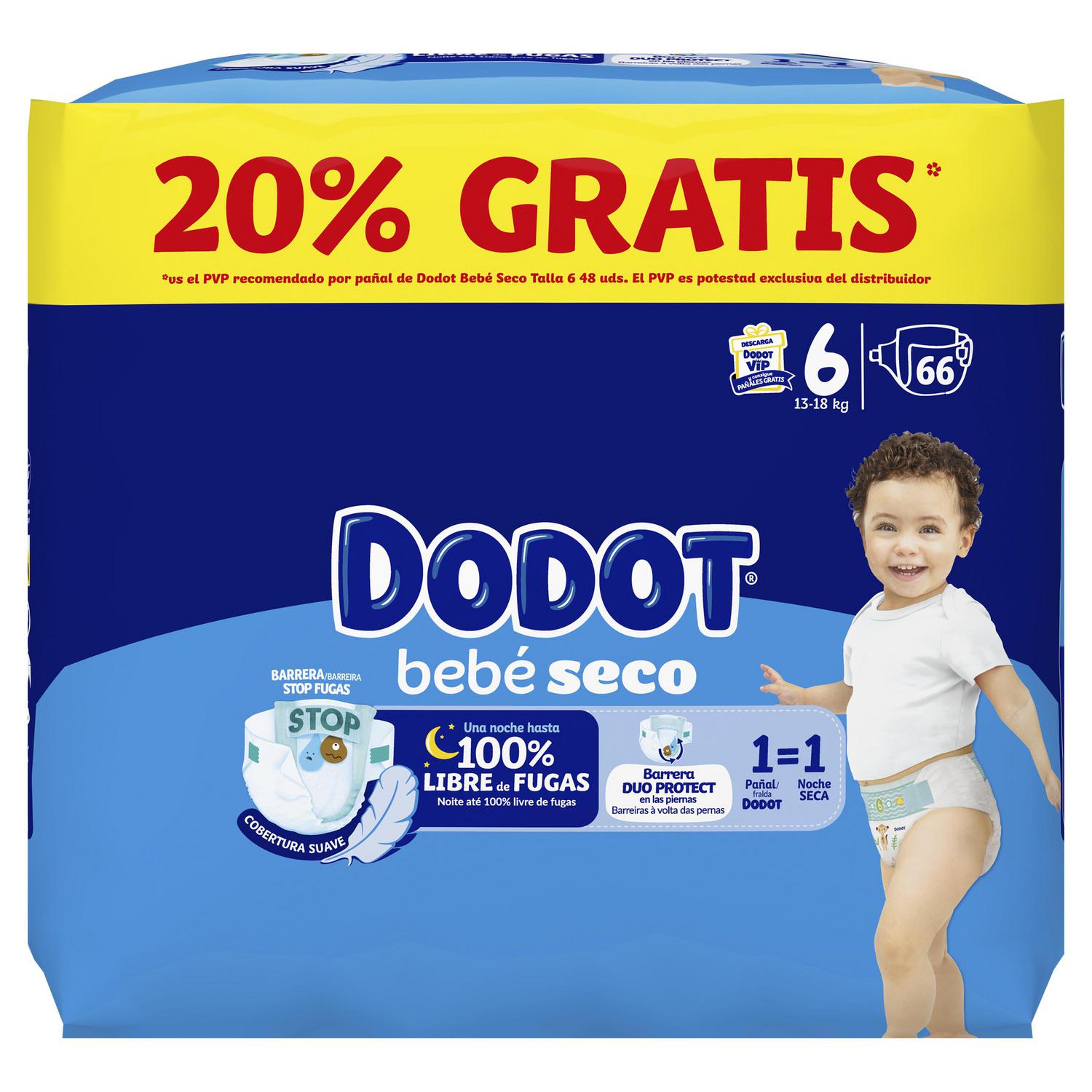 Pañales bebé seco Dodot T6 (13-18 kg) 66 ud.
