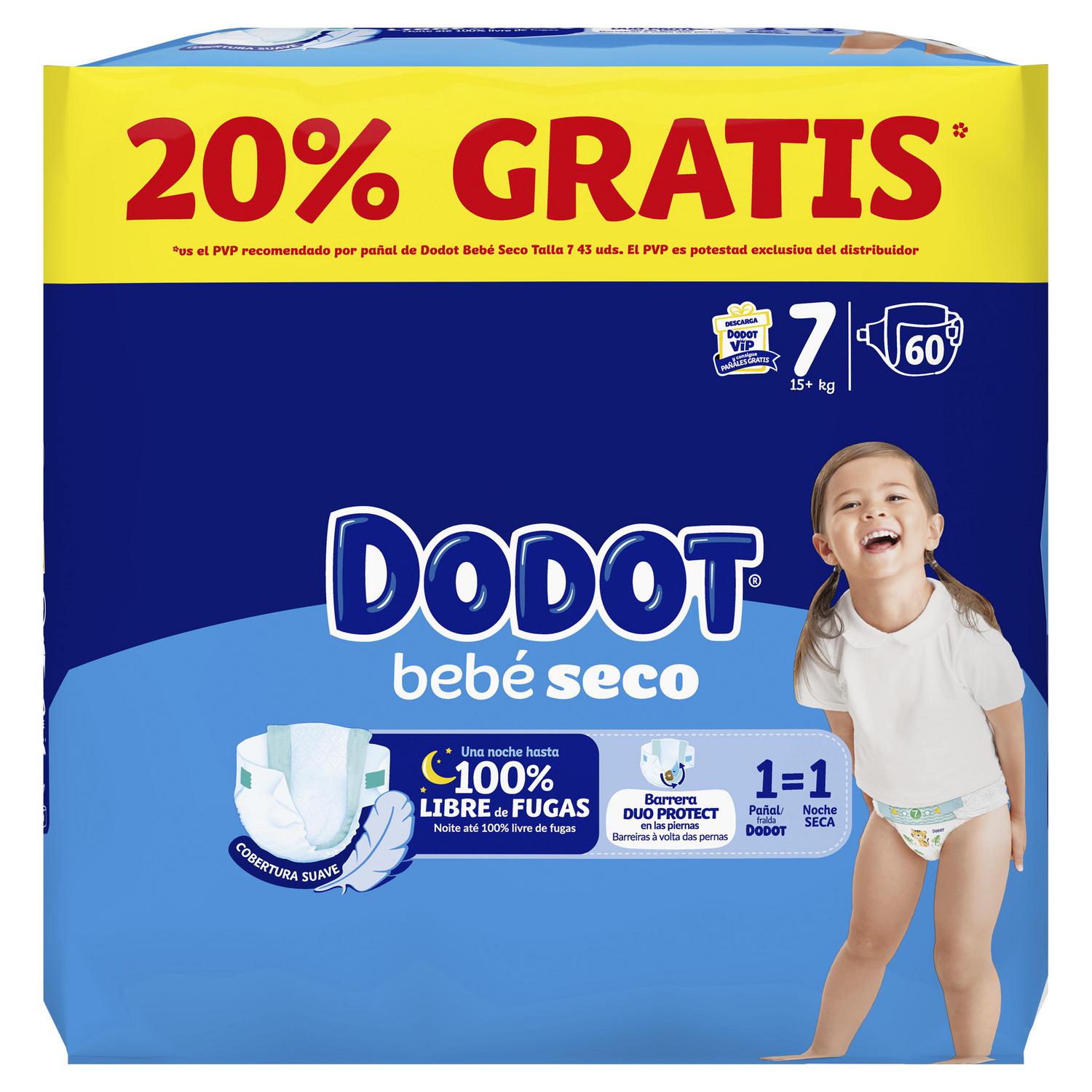 Pañales bebé seco Dodot T7 (15+ kg) 60 ud.