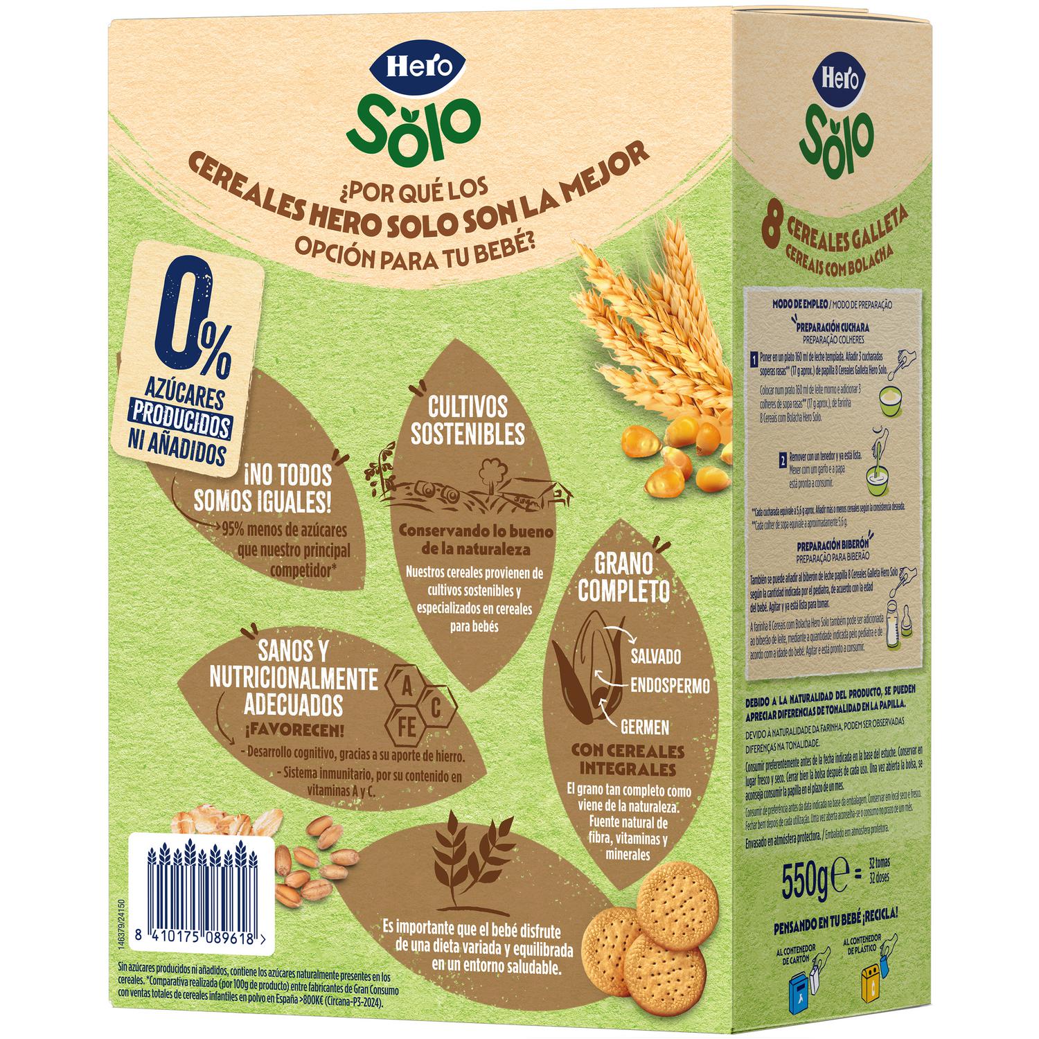 Papilla infantil desde 6 meses Hero 8 cereales galleta sin azúcar añadido 550 g.