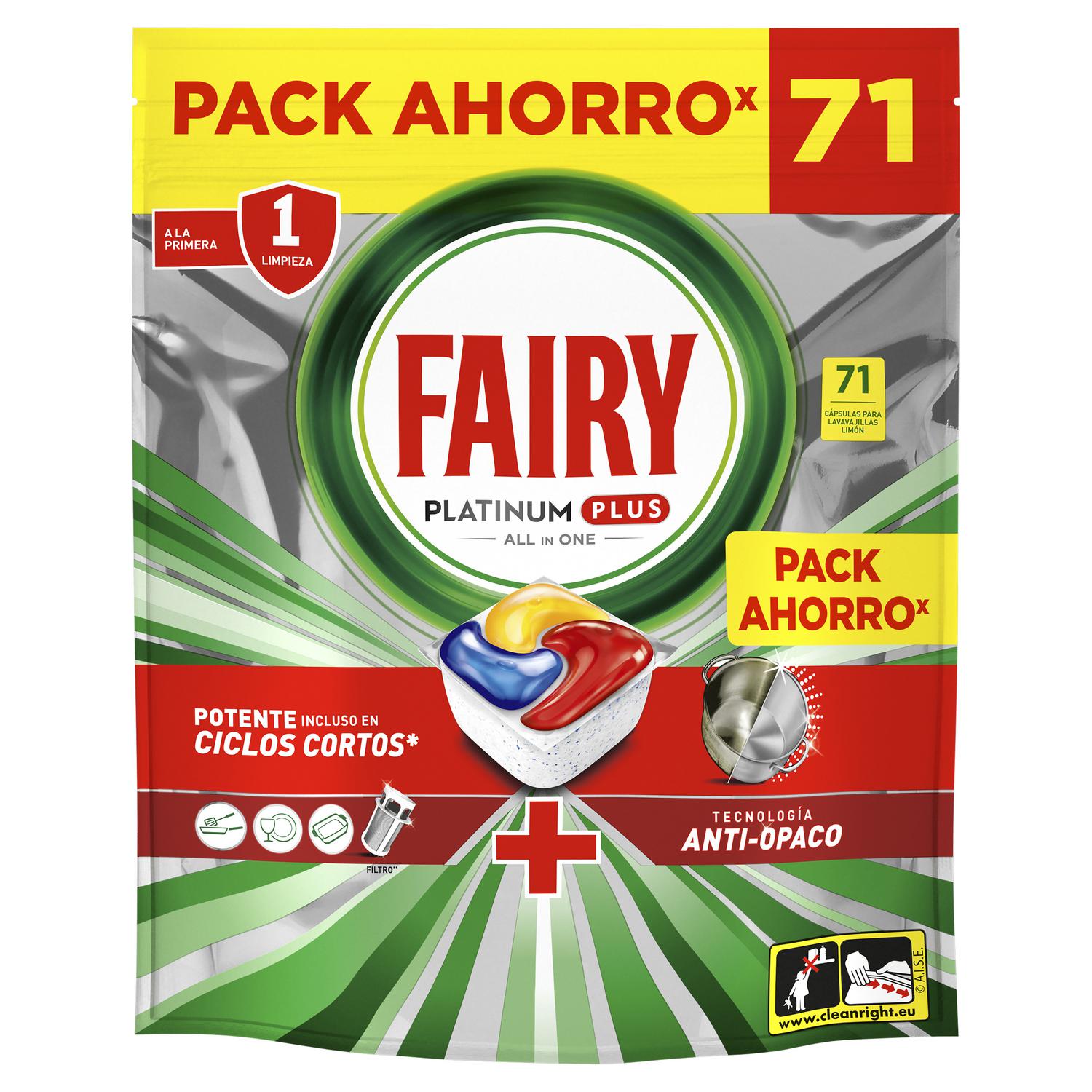 Lavavajillas a máquina platinum plus pastillas todo en uno Fairy 71 ud.