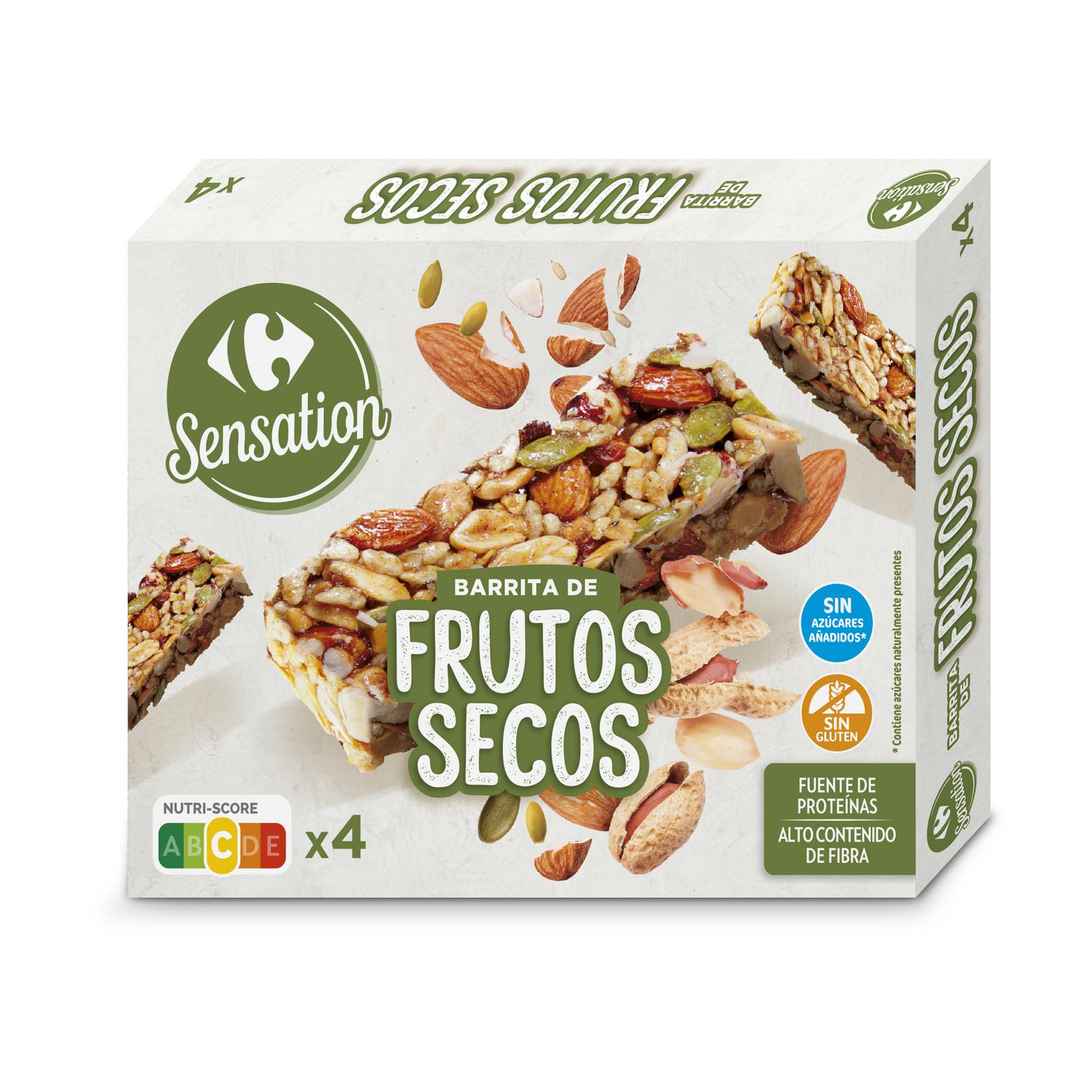 Barritas de frutos secos Carrefour Sensation sin gluten y sin azúcar añadido pack de 4 unidades de 30 g.