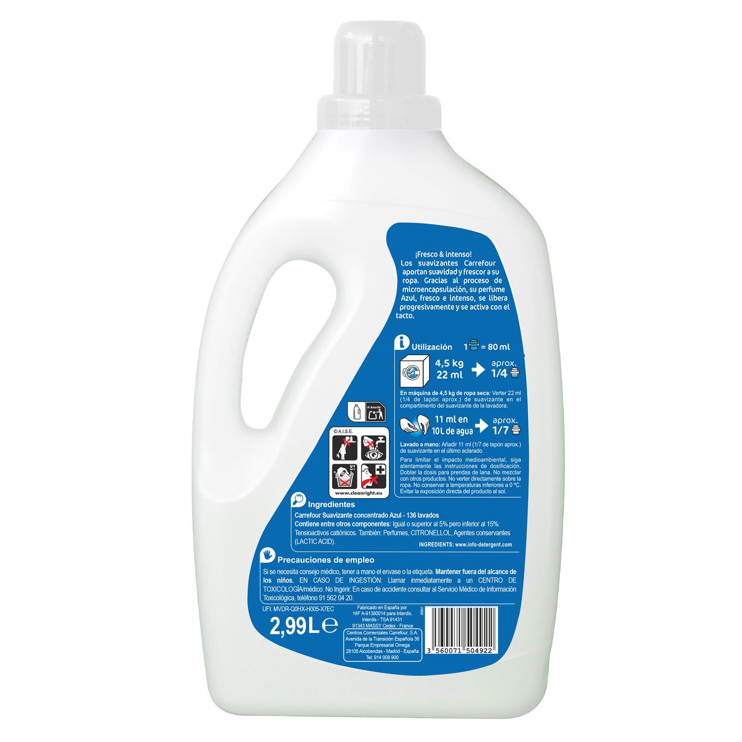 Suavizante concentrado azul Essential Carrefour 136 lavados.