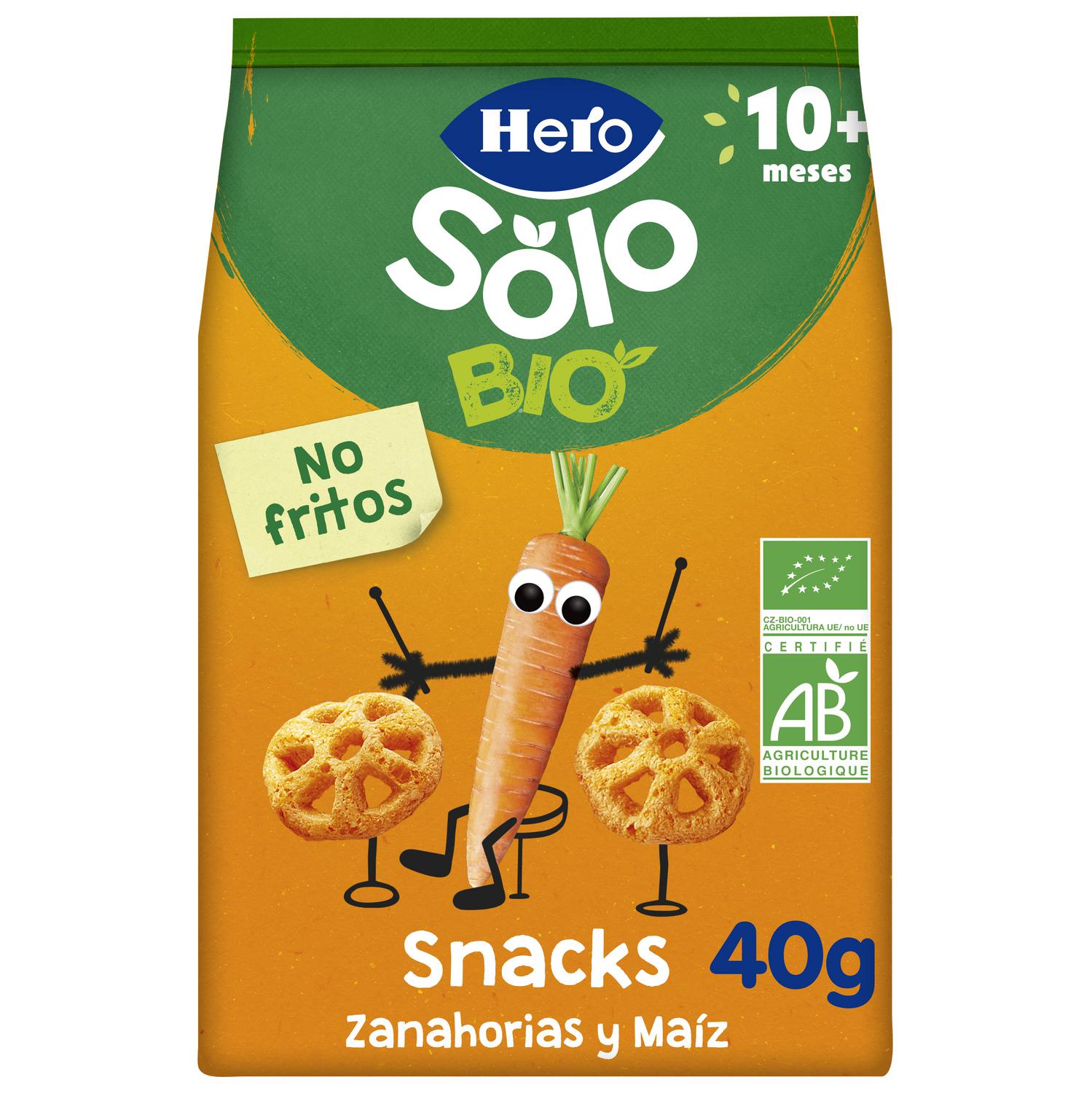 Snack de zanahoria y maíz desde 10 meses ecológico Hero Solo sin gluten 40 g.