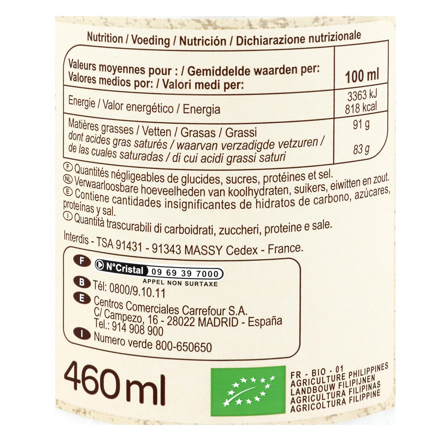 Aceite de coco ecológico Carrefour Bio 460 ml.