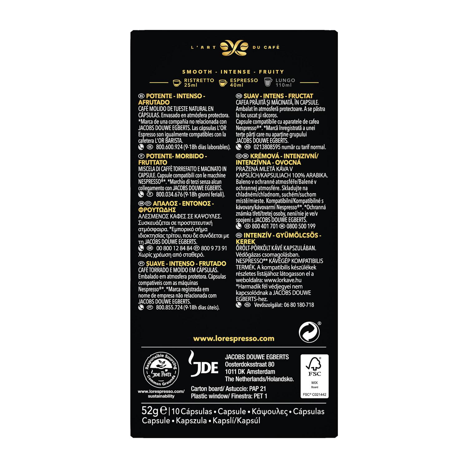 Café selección barista en cápsulas L'Or Espresso compatible con Nespresso 10 unidades de 5,2 g.