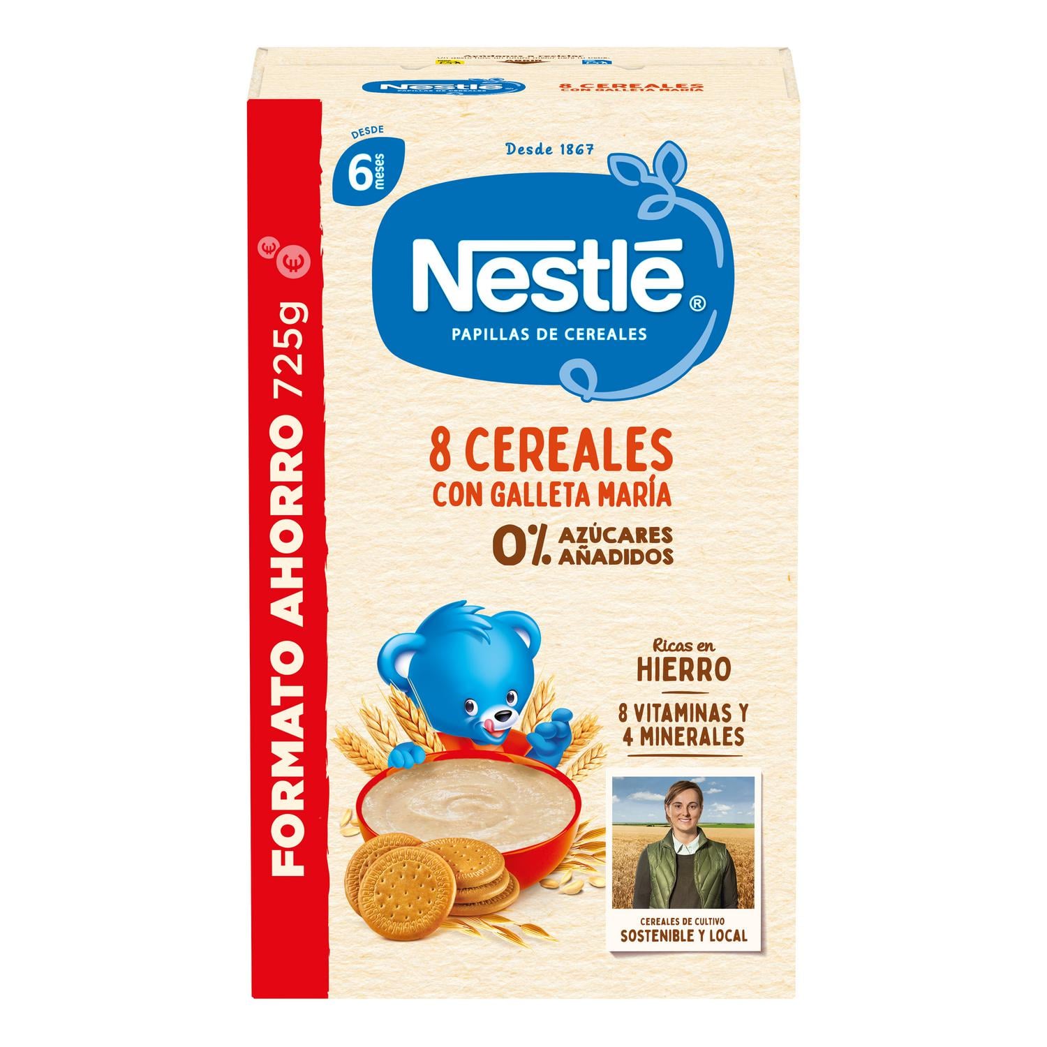 Papilla infantil desde 6 meses 8 cereales con galleta maría Nestlé sin azúcar añadido 725 g.