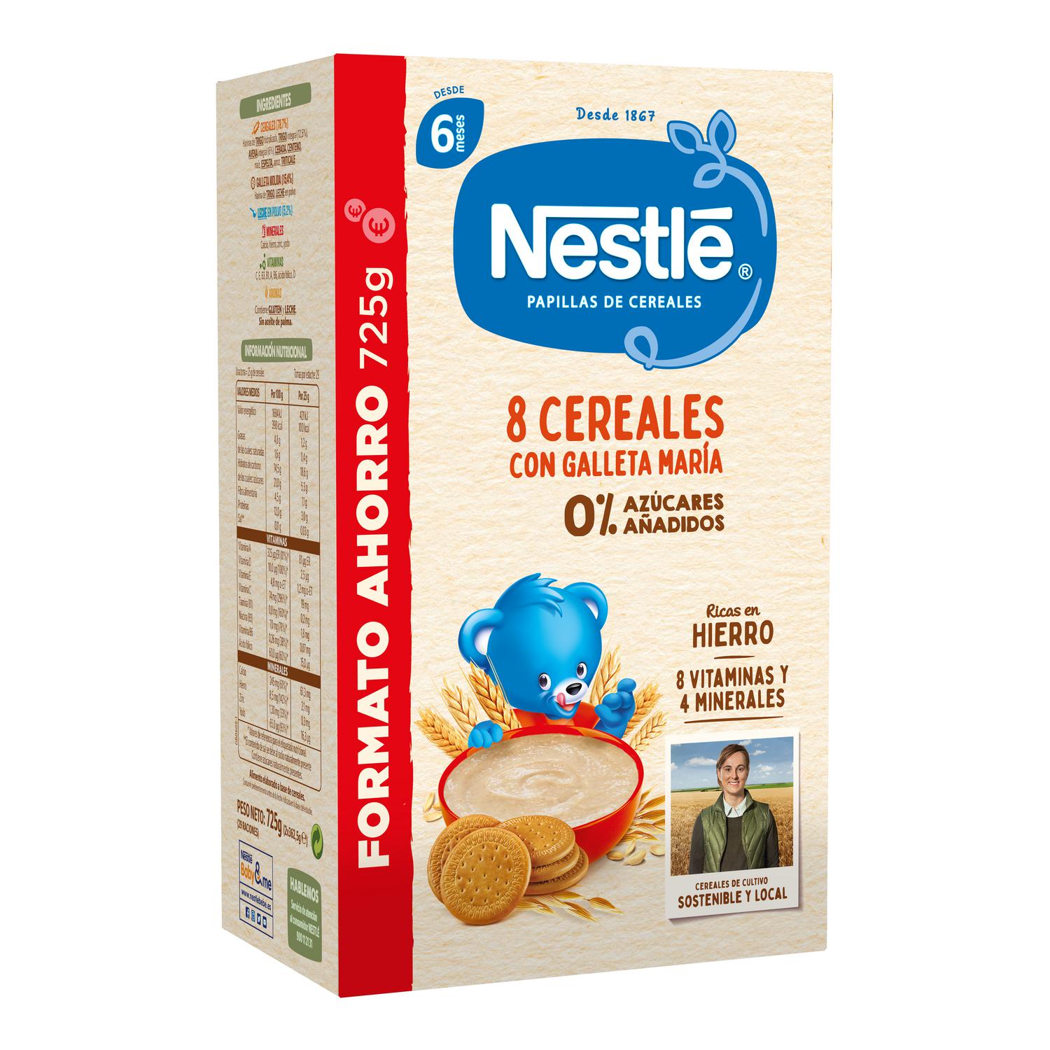 Papilla infantil desde 6 meses 8 cereales con galleta maría Nestlé sin azúcar añadido 725 g.