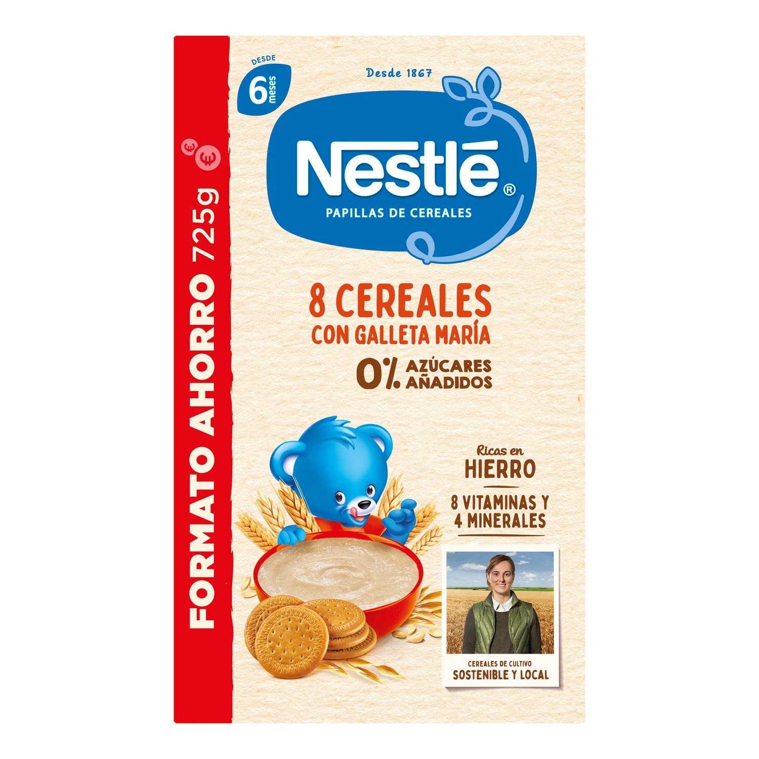 Papilla infantil desde 6 meses 8 cereales con galleta maría Nestlé sin azúcar añadido 725 g.