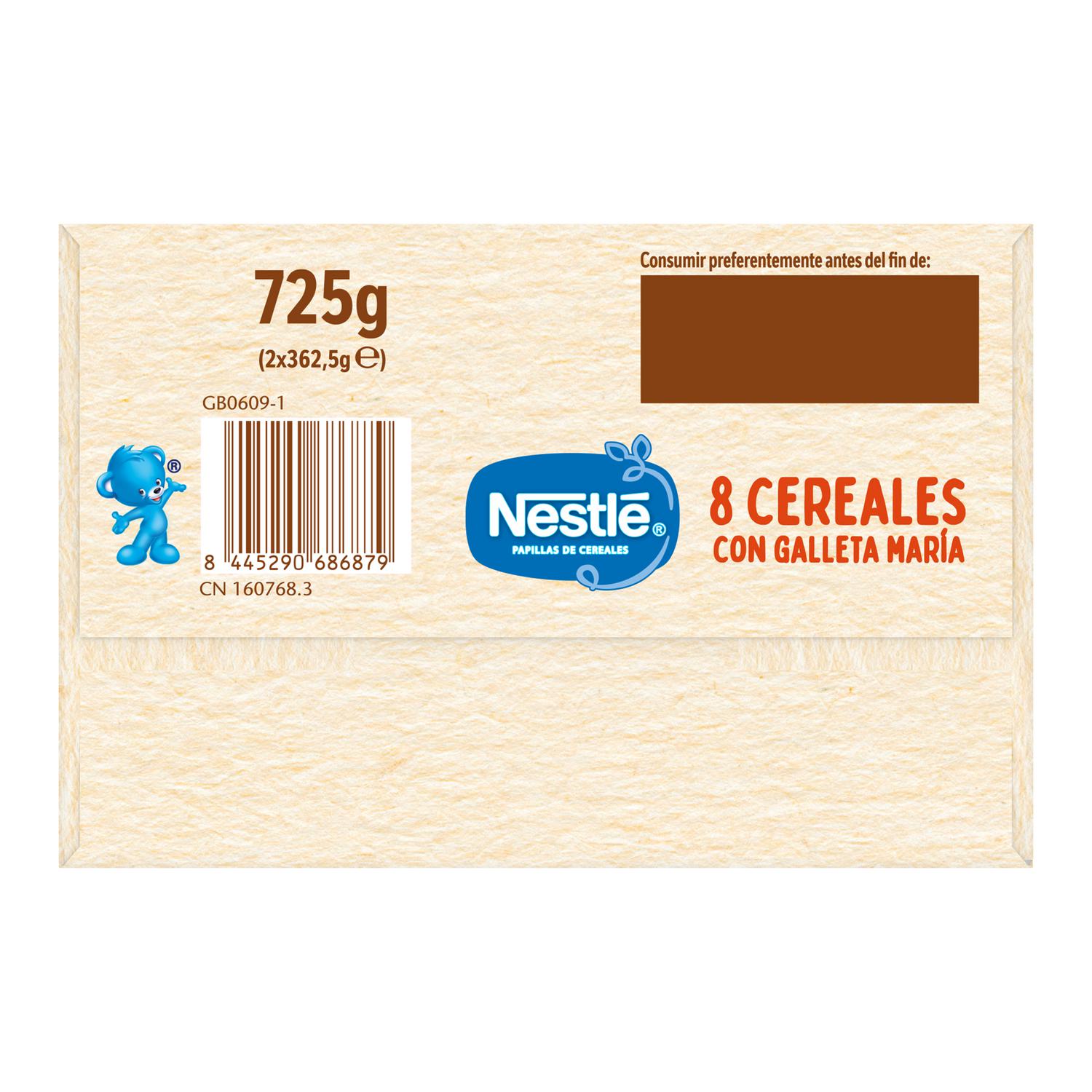 Papilla infantil desde 6 meses 8 cereales con galleta maría Nestlé sin azúcar añadido 725 g.