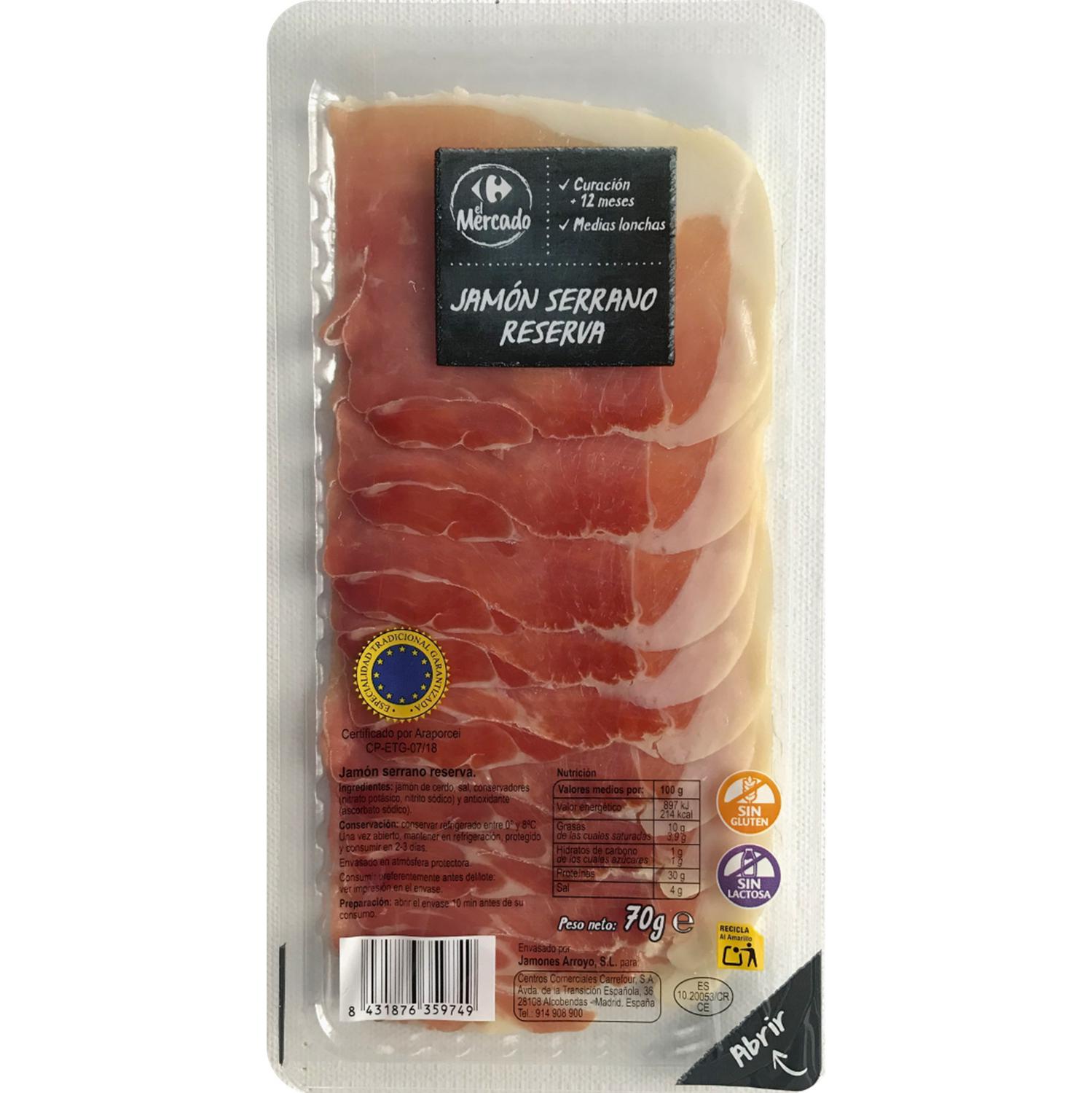 Jamón serrano reserva en lonchas Carrefour El Mercado sin gluten y sin lactosa 70 g