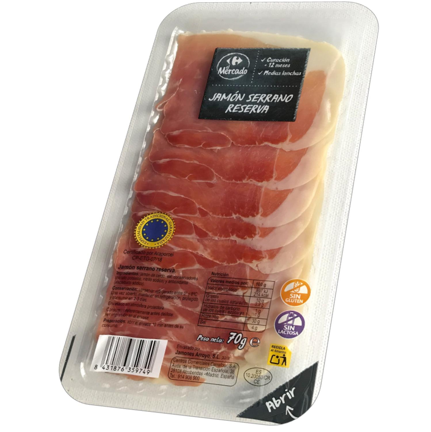 Jamón serrano reserva en lonchas Carrefour El Mercado sin gluten y sin lactosa 70 g