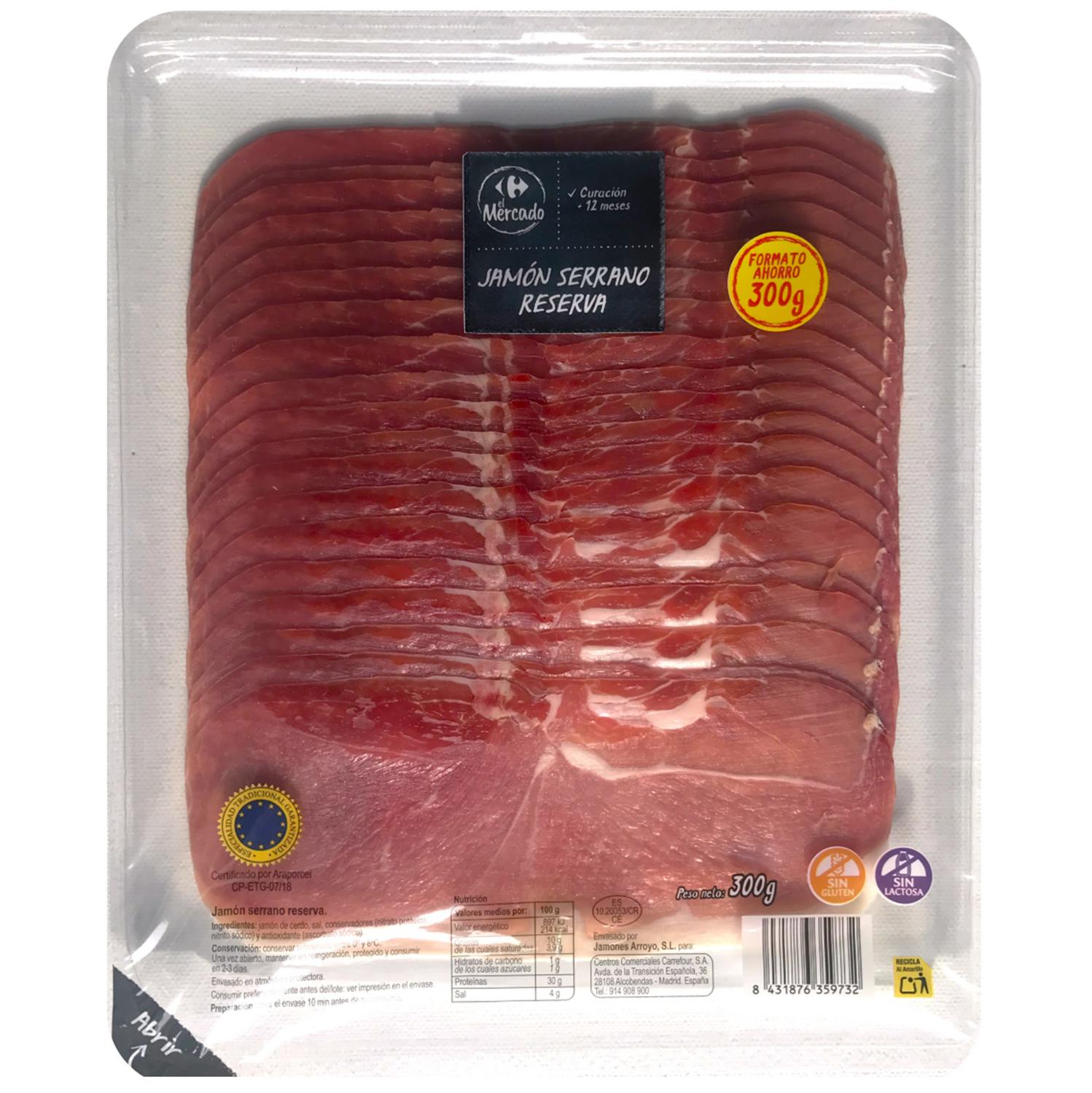 Jamón serrano reserva en lonchas Carrefour El Mercado sin gluten y sin lactosa 300 g