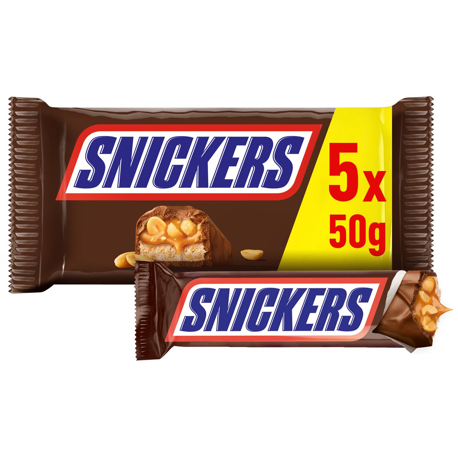 Barritas de chocolate con leche, crema de cacahuete, caramelo y cacahuetes Snickers 5 ud.