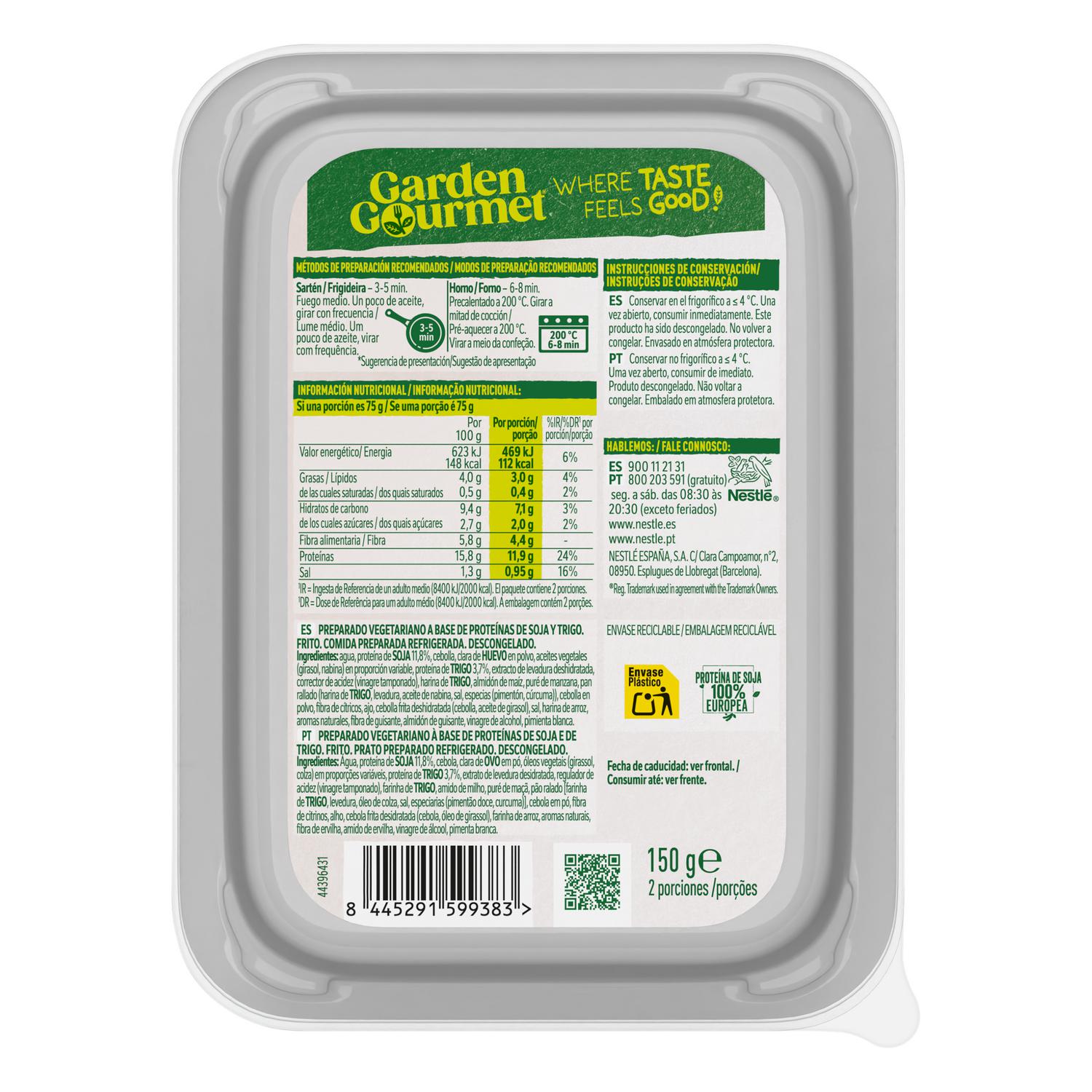 Preparado vegetariano a base de proteínas de soja y trigo Classic Filet Garden Gourmet 150 g.