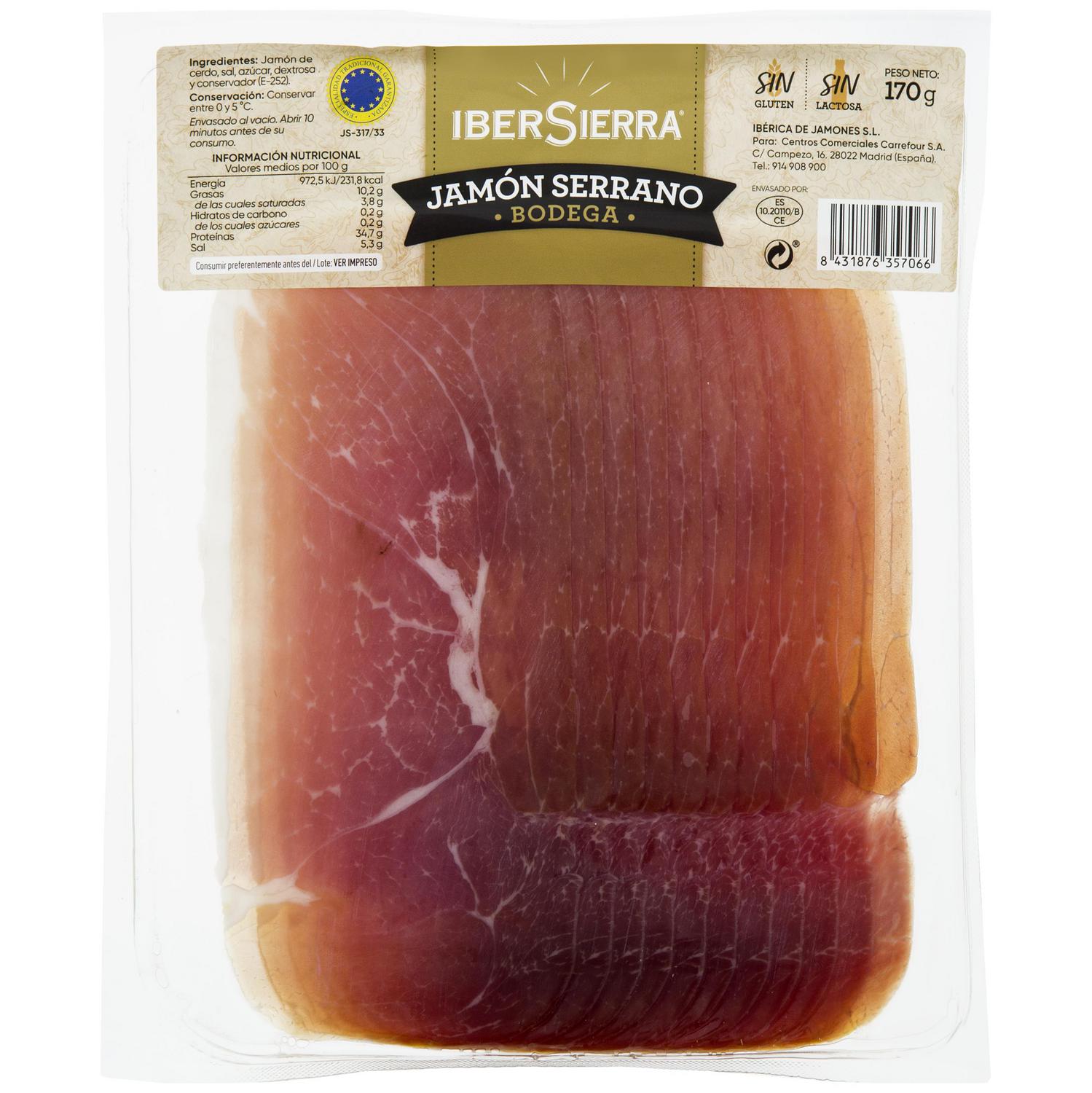 Jamón serrano bodega en lonchas IberSierra sin gluten y sin lactosa 170 g
