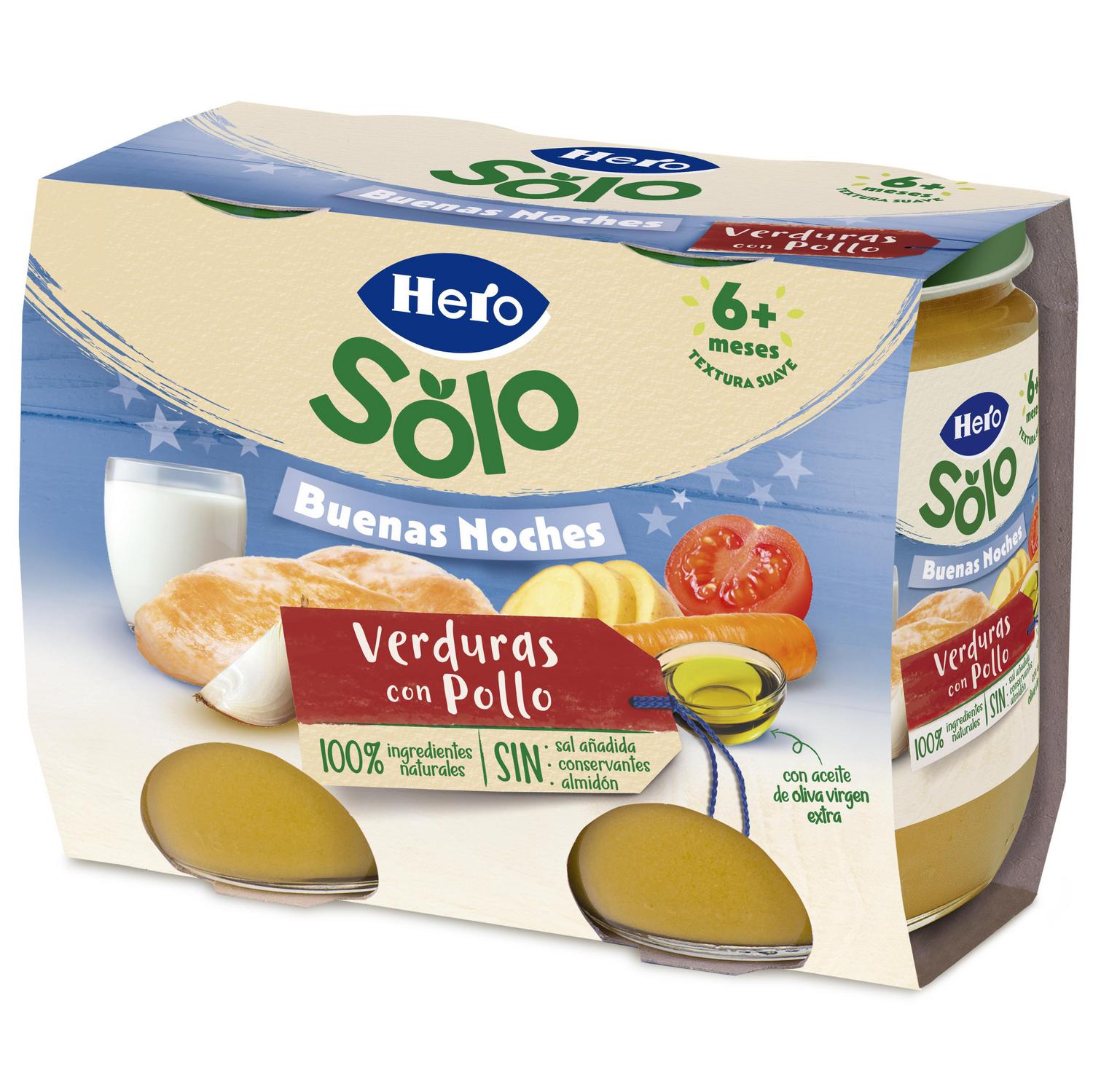 Tarrito de verduritas con pollo desde 6 meses Hero Solo Buenas Noches sin gluten pack de 2 unidades 190 g.