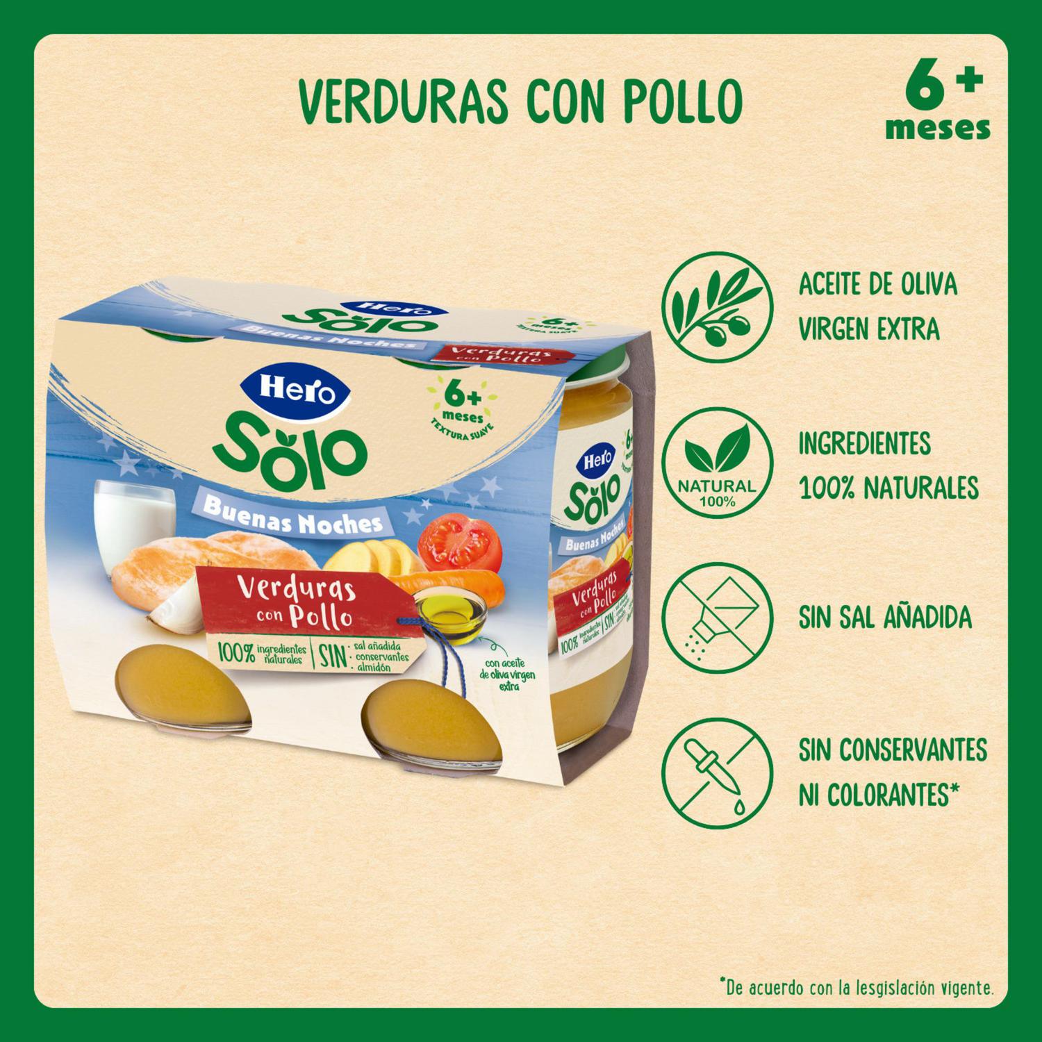 Tarrito de verduritas con pollo desde 6 meses Hero Solo Buenas Noches sin gluten pack de 2 unidades 190 g.