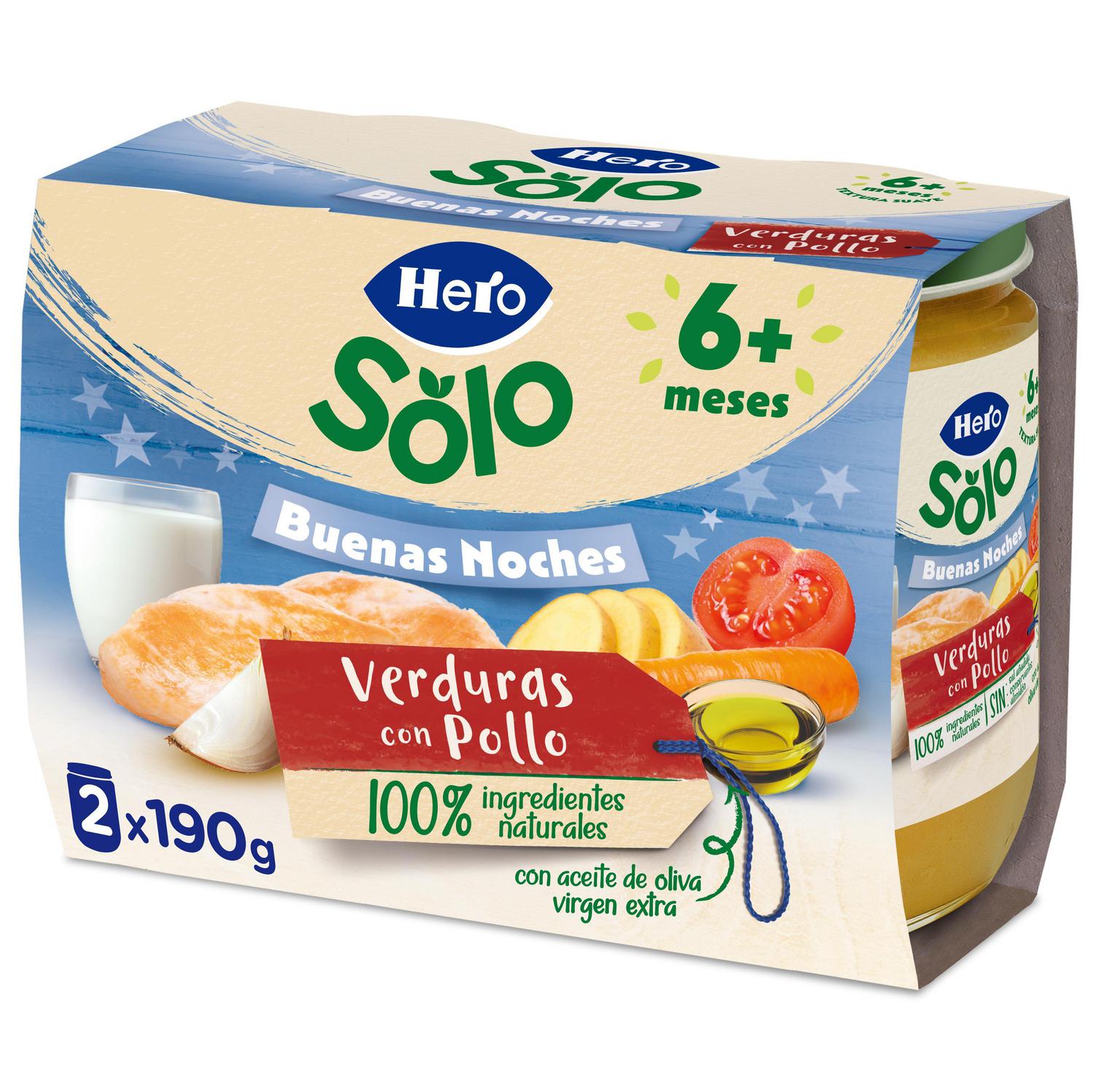 Tarrito de verduritas con pollo desde 6 meses Hero Solo Buenas Noches sin gluten pack de 2 unidades 190 g.
