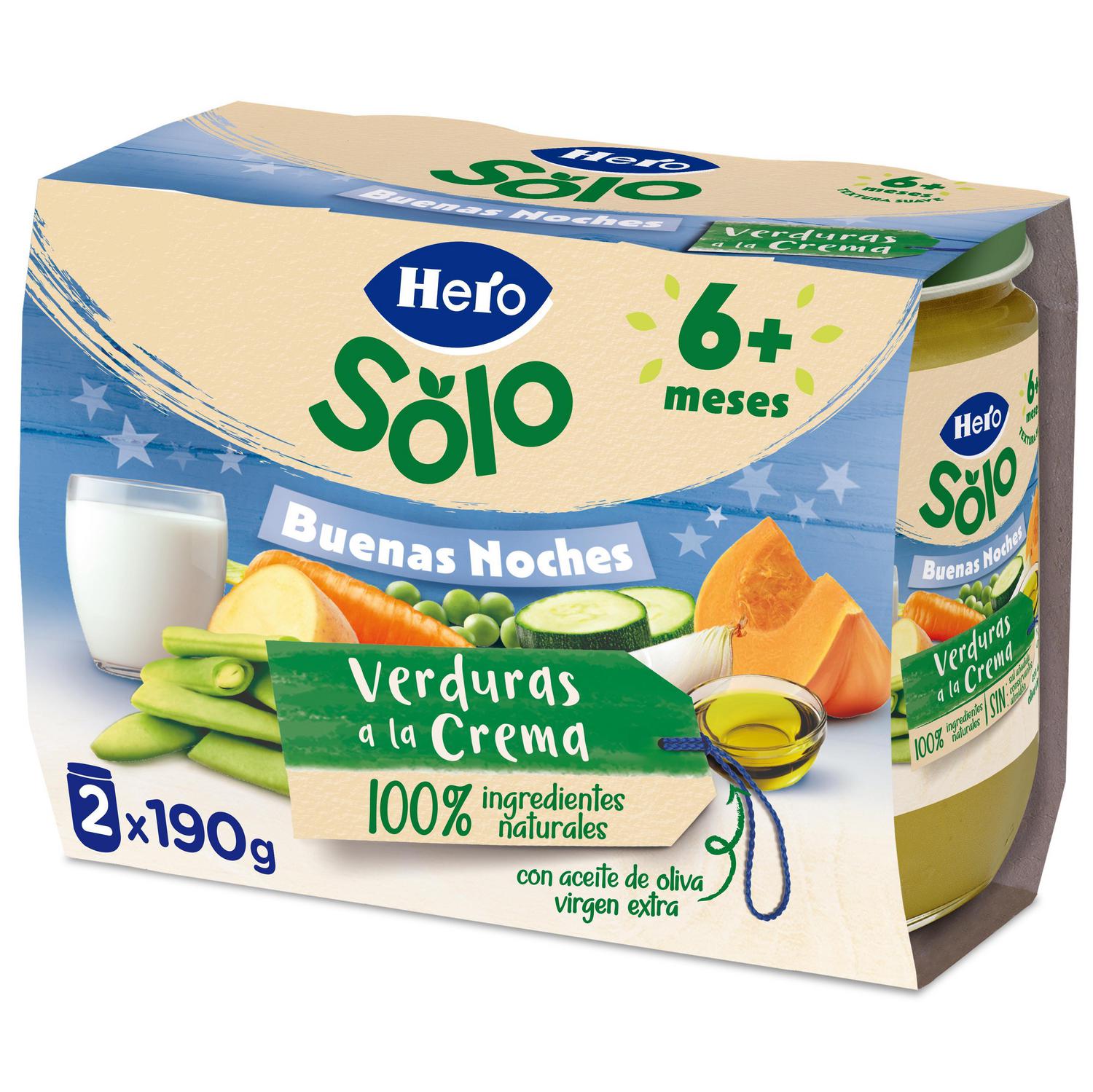 Tarrito de verduritas a la crema desde 6 meses Buenas Noches Hero Solo sin gluten pack de 2 unidades de 190 g.
