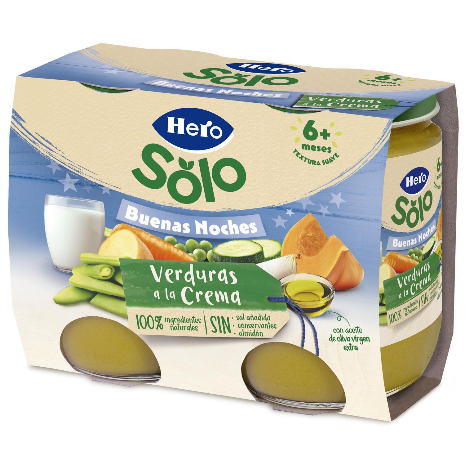 Tarrito de verduritas a la crema desde 6 meses Buenas Noches Hero Solo sin gluten pack de 2 unidades de 190 g.