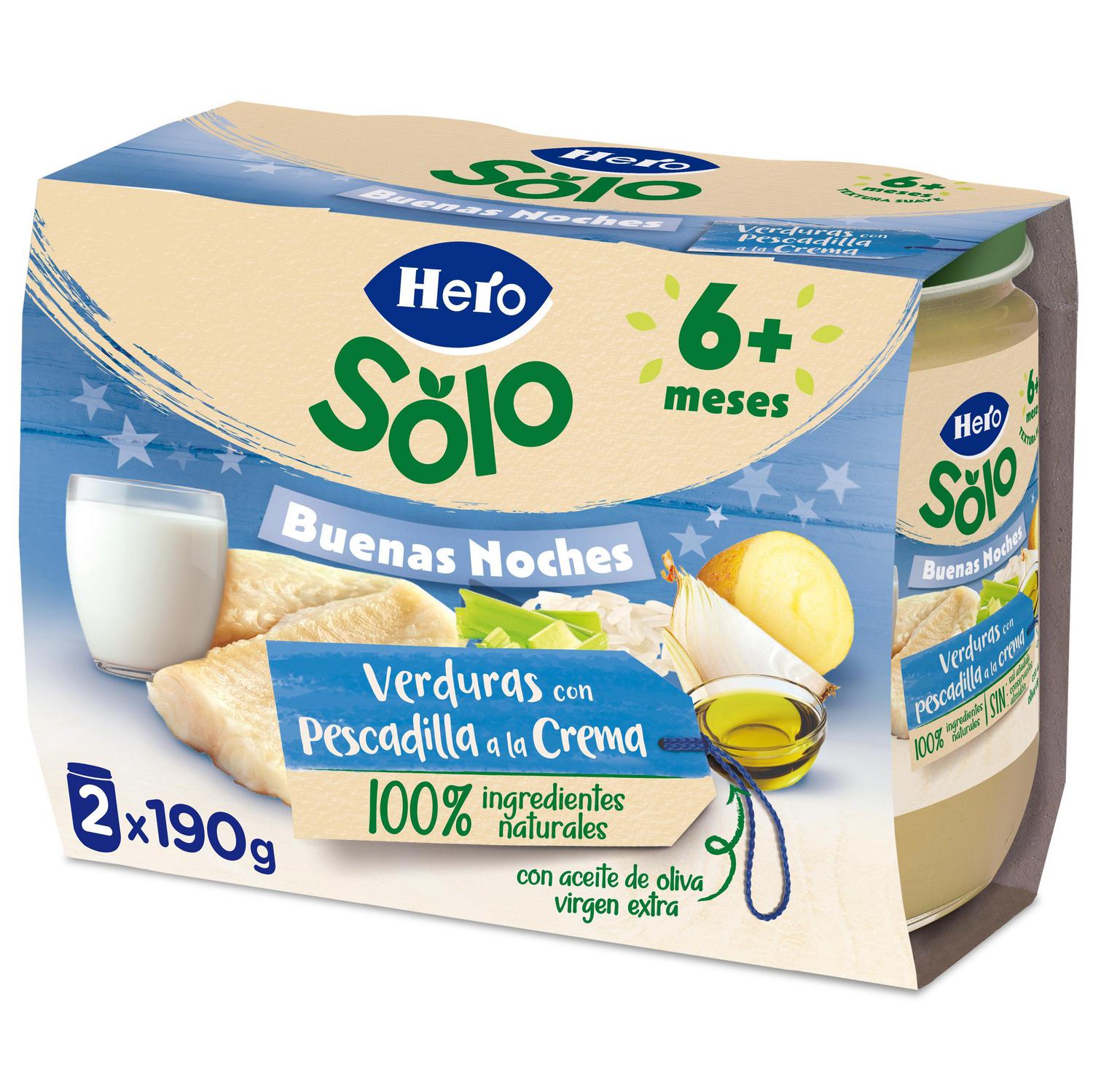 Tarrito de verduras con pescadilla a la crema desde 6 meses Hero Solo sin gluten pack de 2 unidades de 190 g.