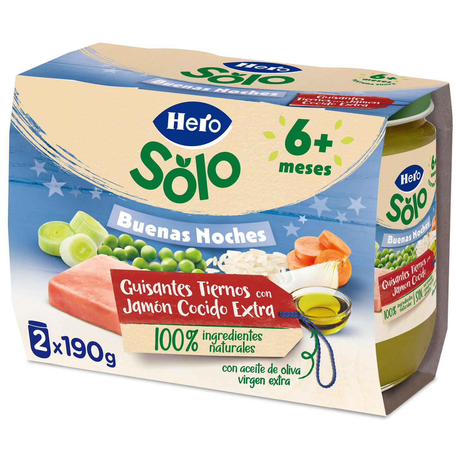 Tarrito de guisantes tiernos con jamón desde 6 meses Hero Baby Buenas Noches sin gluten pack de 2 unidades de 190 g.