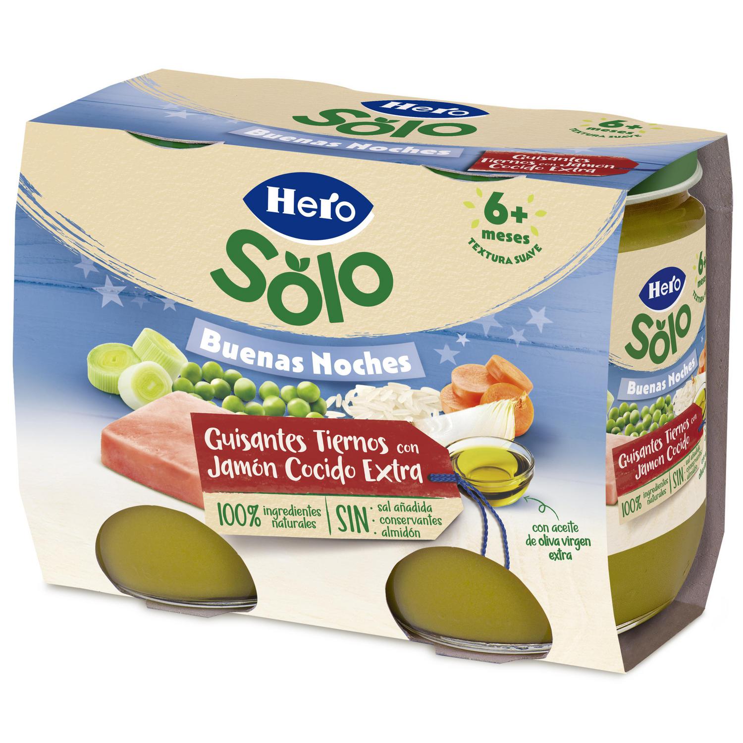 Tarrito de guisantes tiernos con jamón desde 6 meses Hero Baby Buenas Noches sin gluten pack de 2 unidades de 190 g.